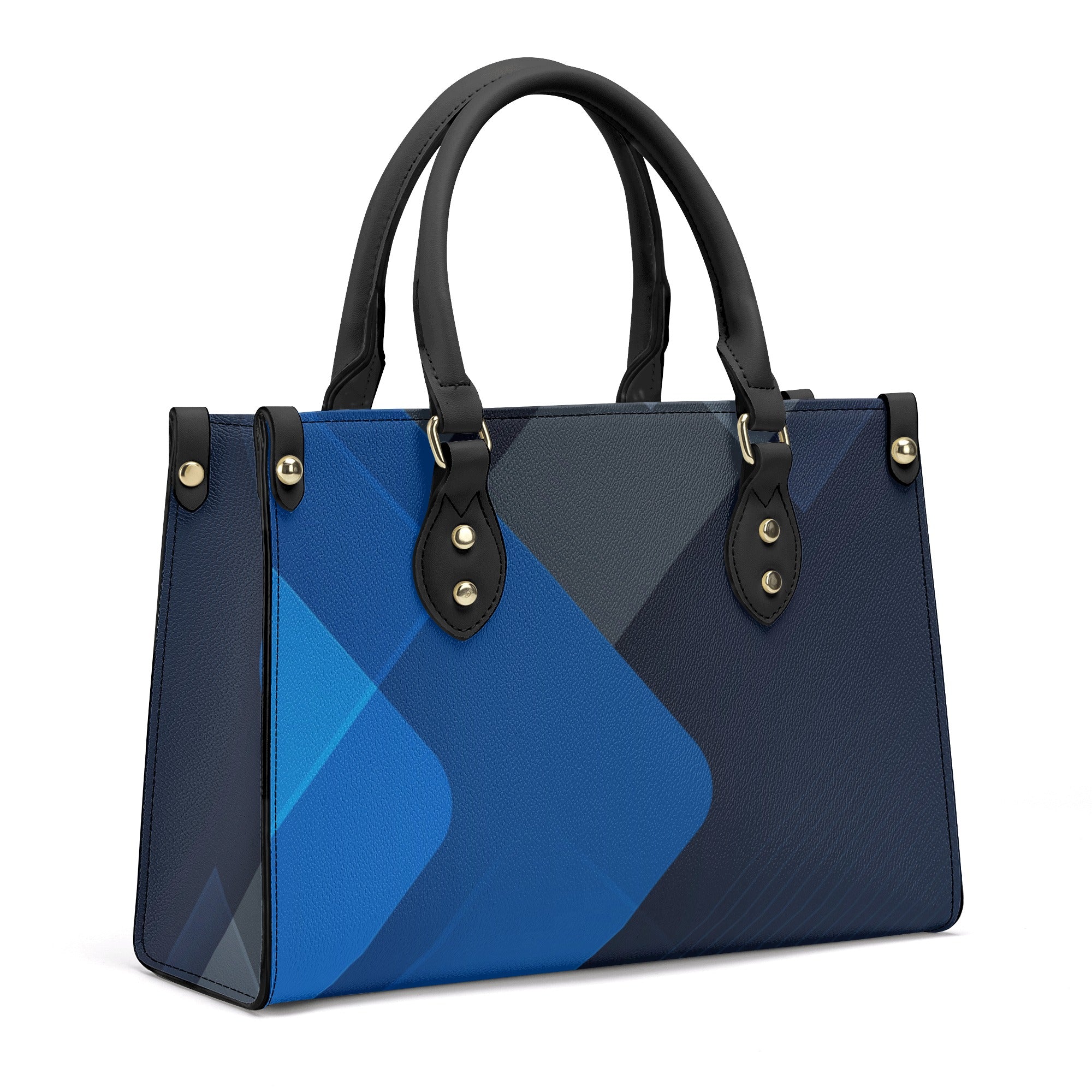 Blue and black handbag with geometric design on a white background