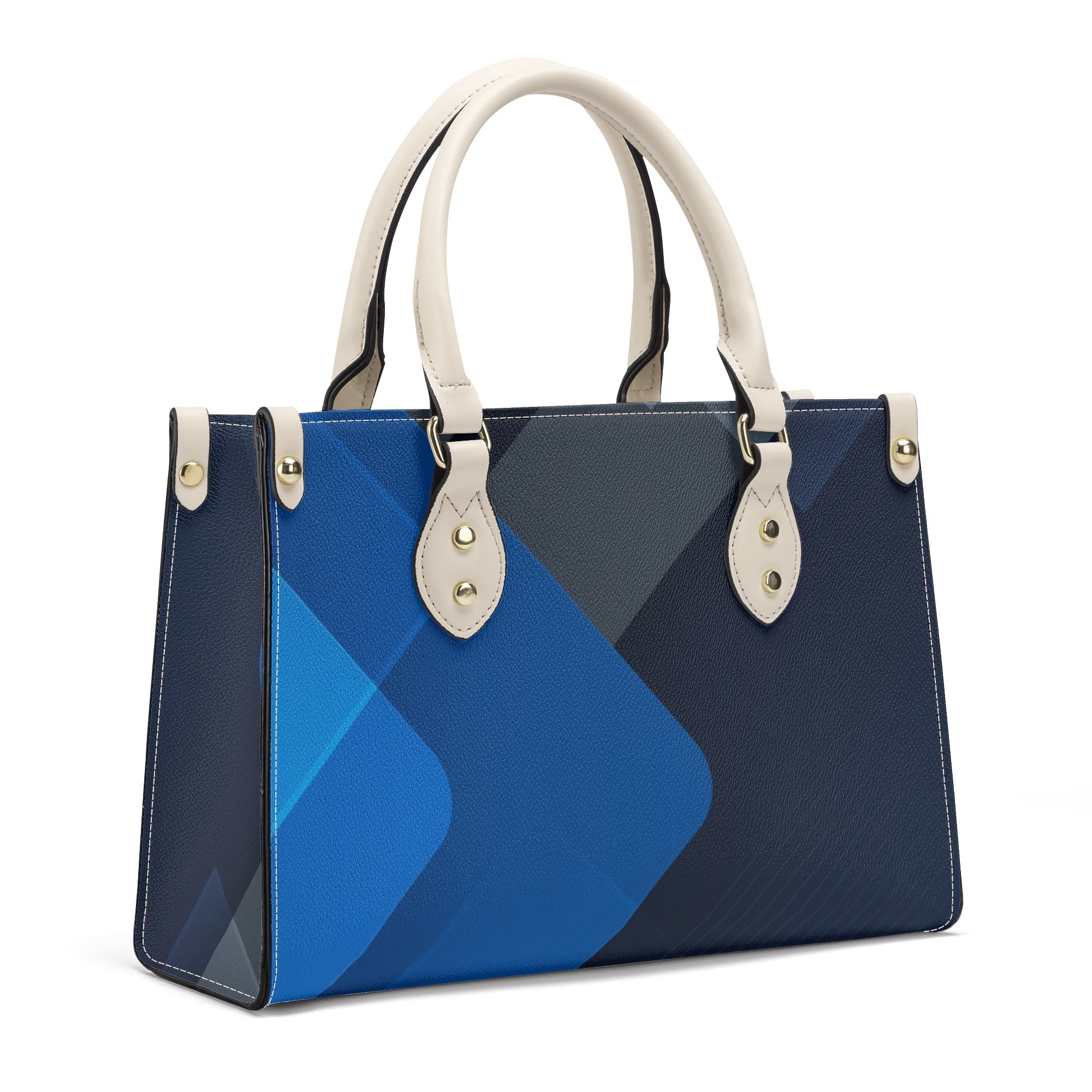 Blue and navy handbag with beige accents on a white background