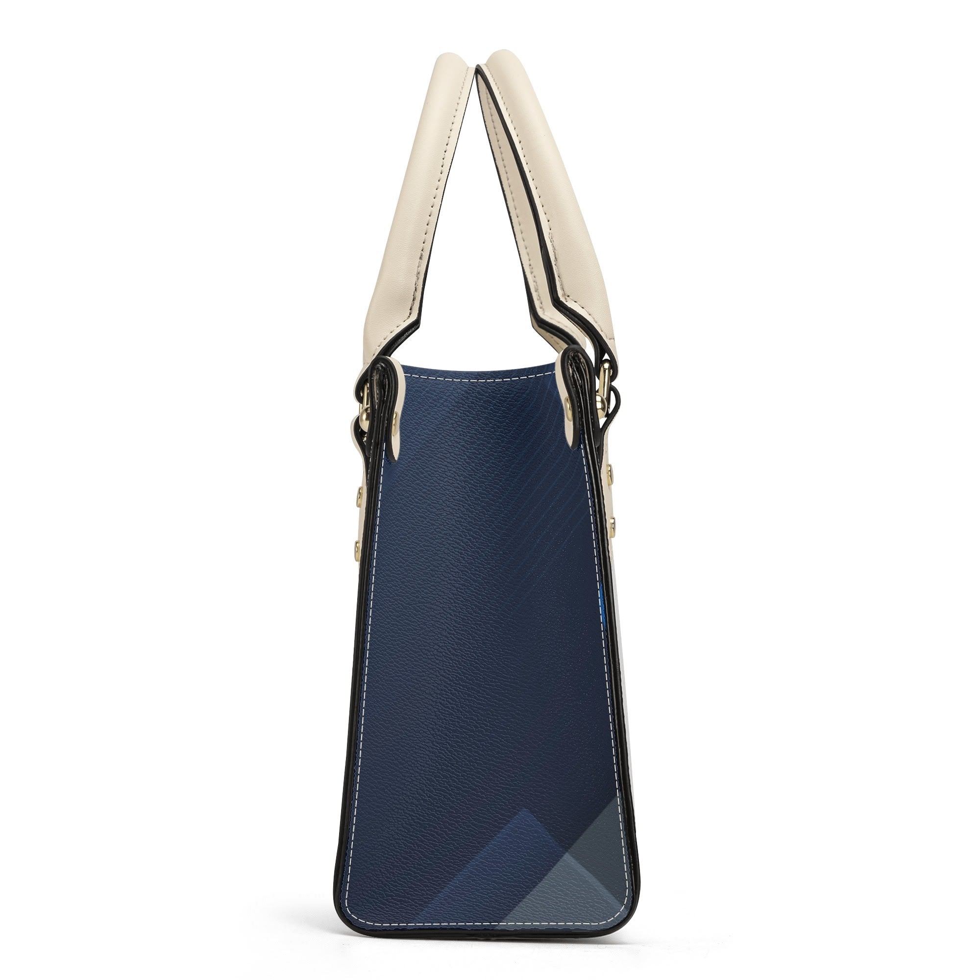 Blue handbag with beige handle on a white background
