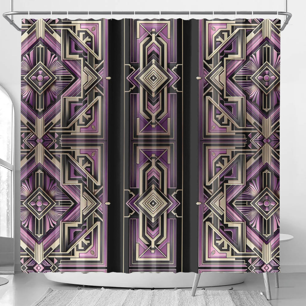 Shower curtain with geometric purple and beige pattern on a white background