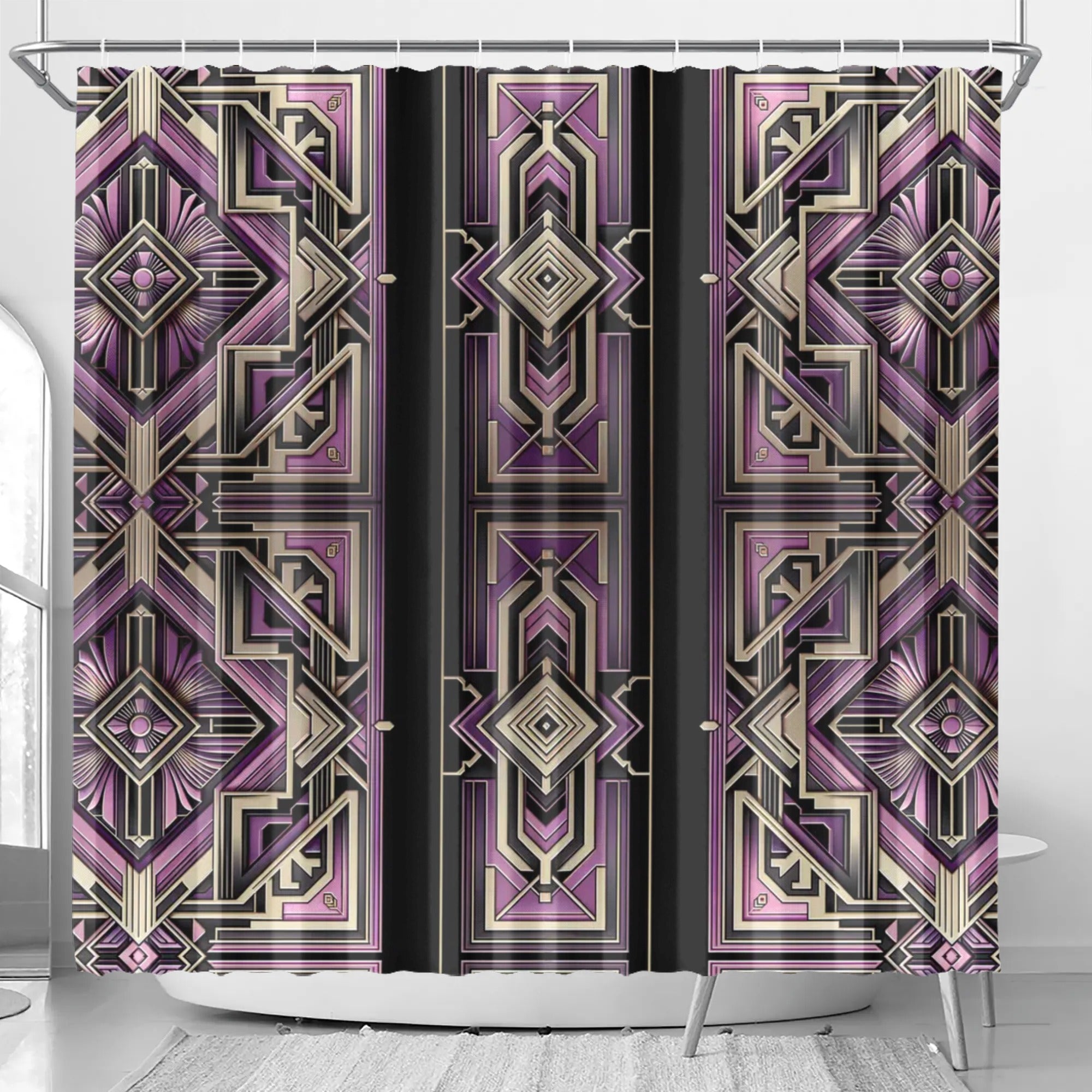 Shower curtain with geometric purple and beige pattern on a white background
