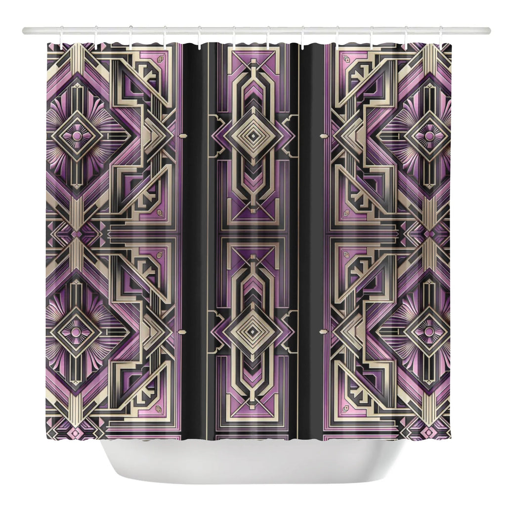Shower curtain with geometric purple and beige pattern on a white background