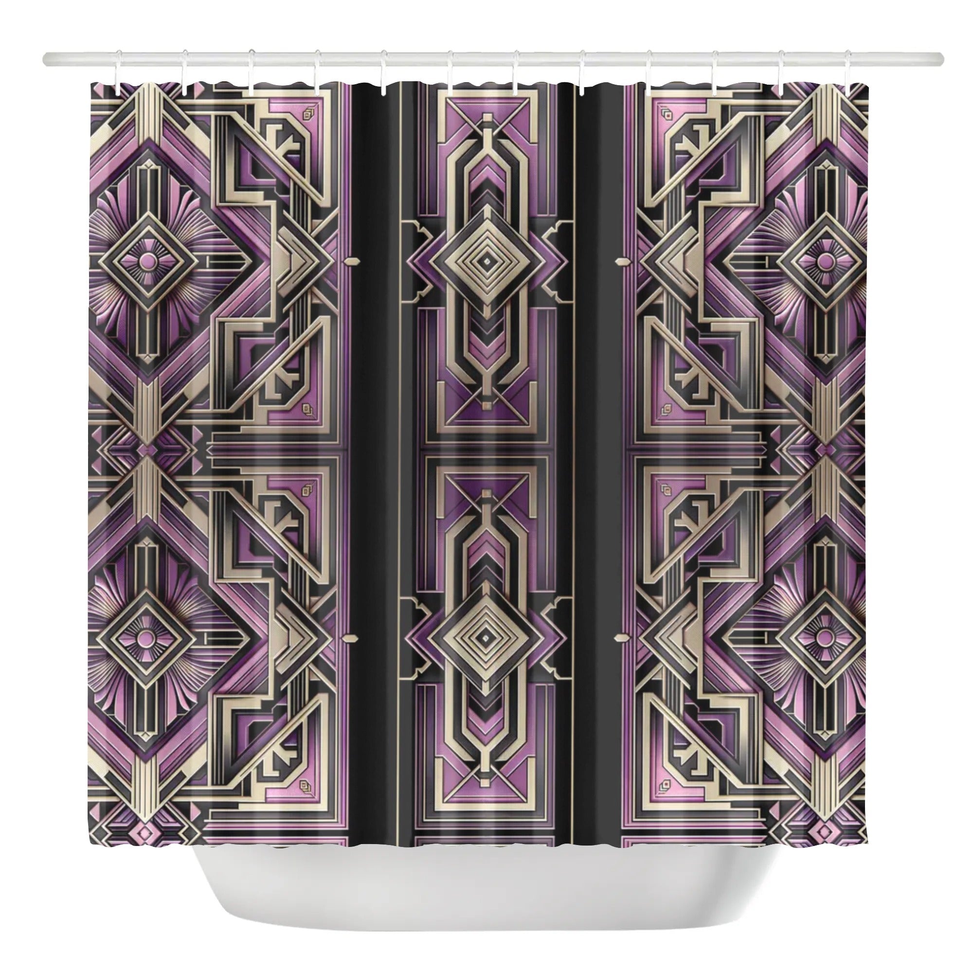 Shower curtain with geometric purple and beige pattern on a white background