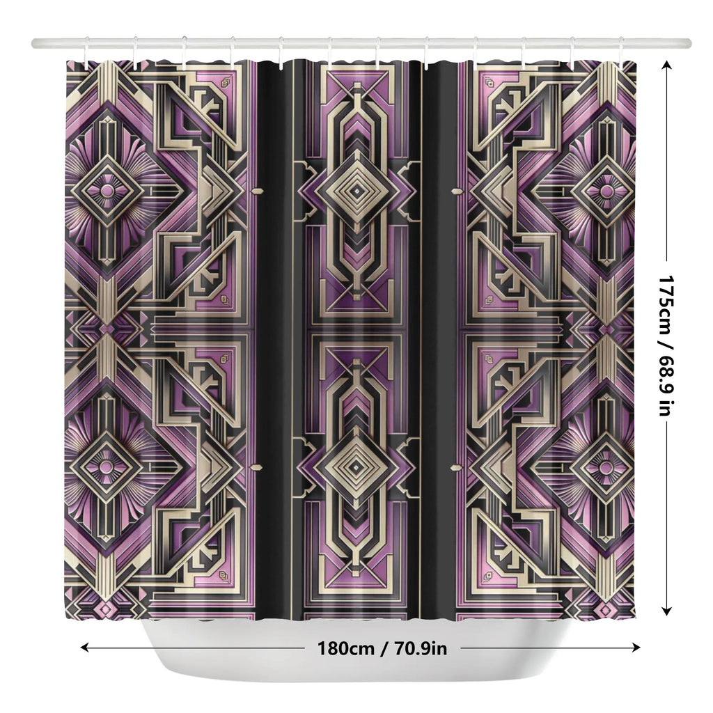 Shower curtain with geometric purple and beige pattern and measurements on a white background