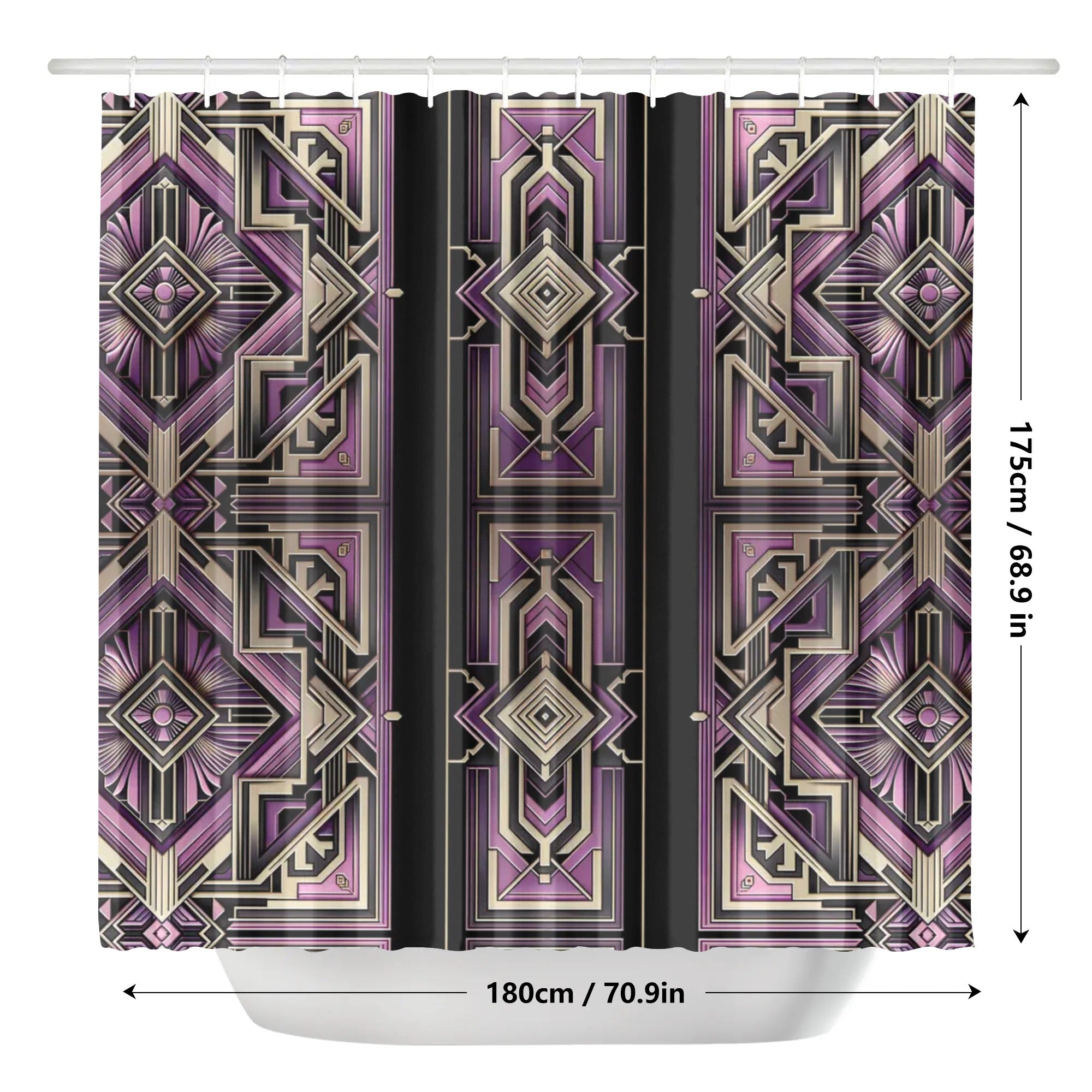 Shower curtain with geometric purple and beige pattern and measurements on a white background