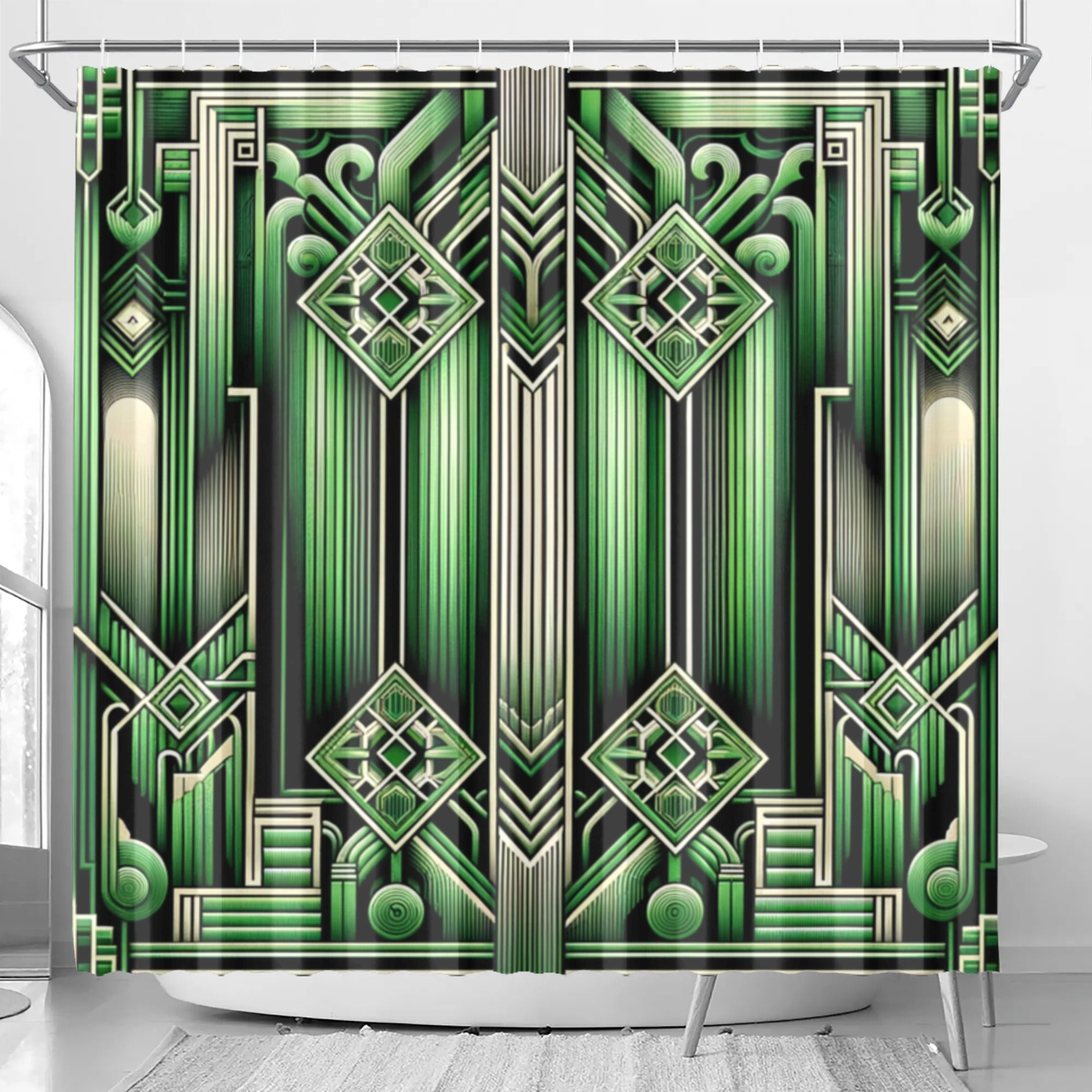 Shower curtain with geometric green and white pattern