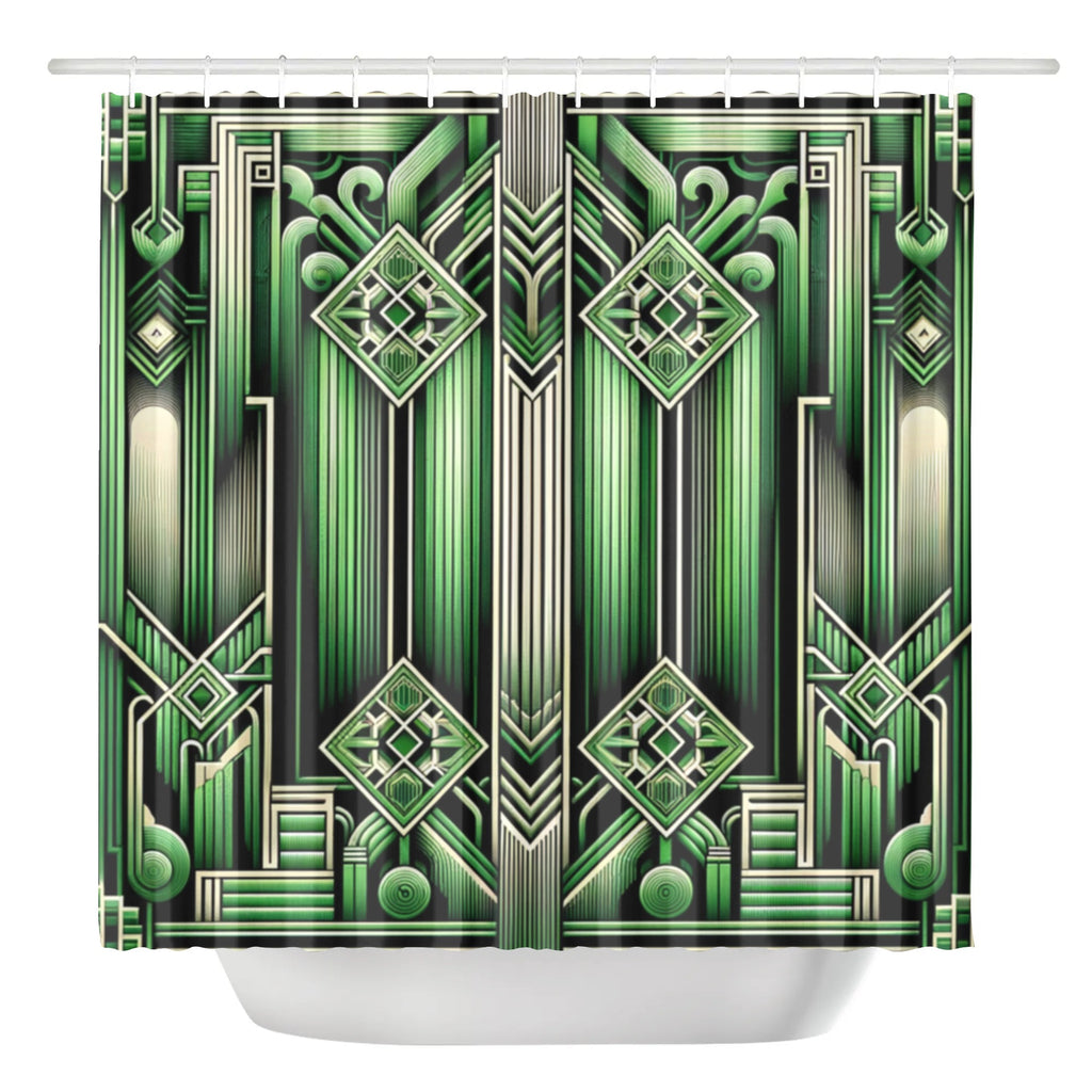 Shower curtain with green and white geometric pattern
