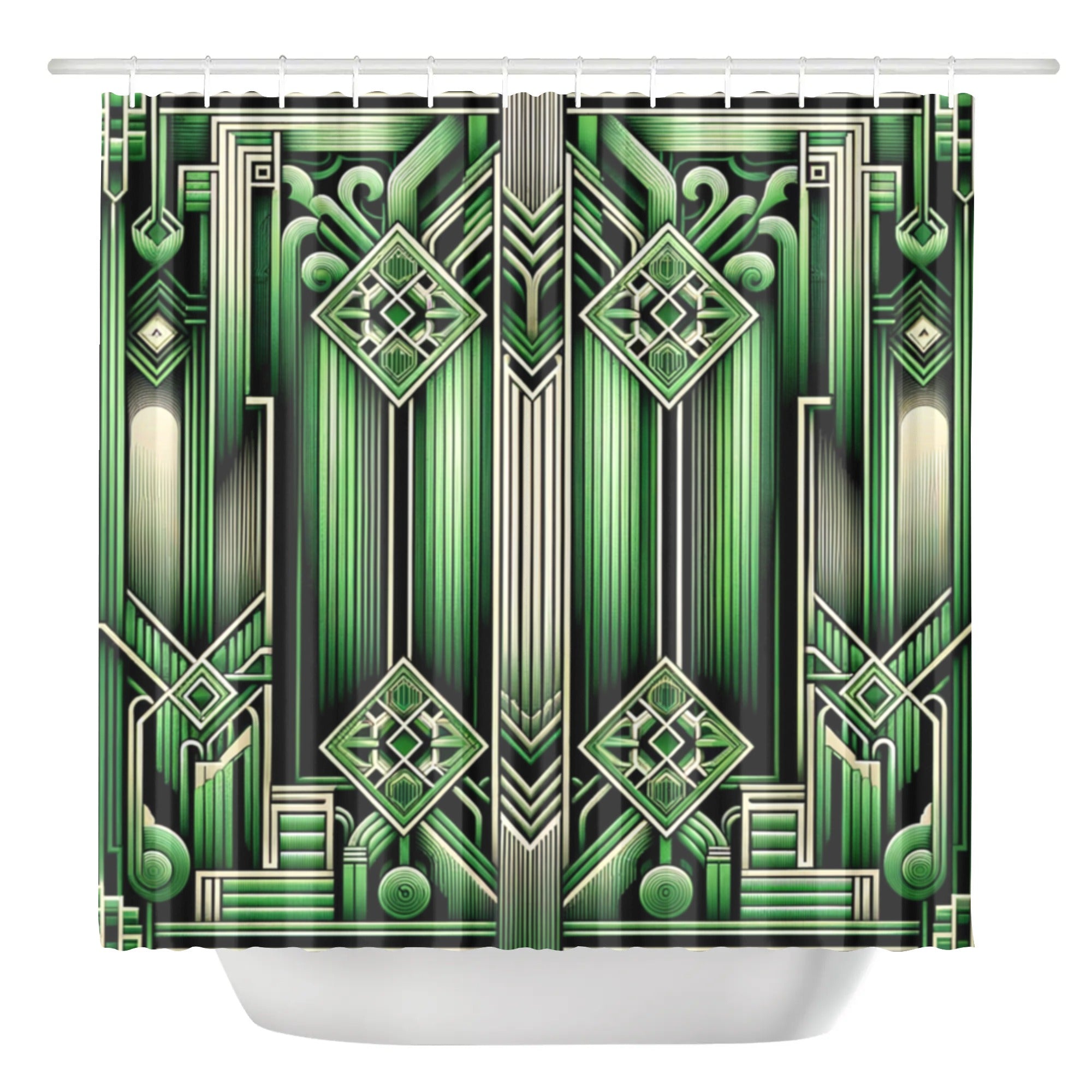 Shower curtain with green and white geometric pattern