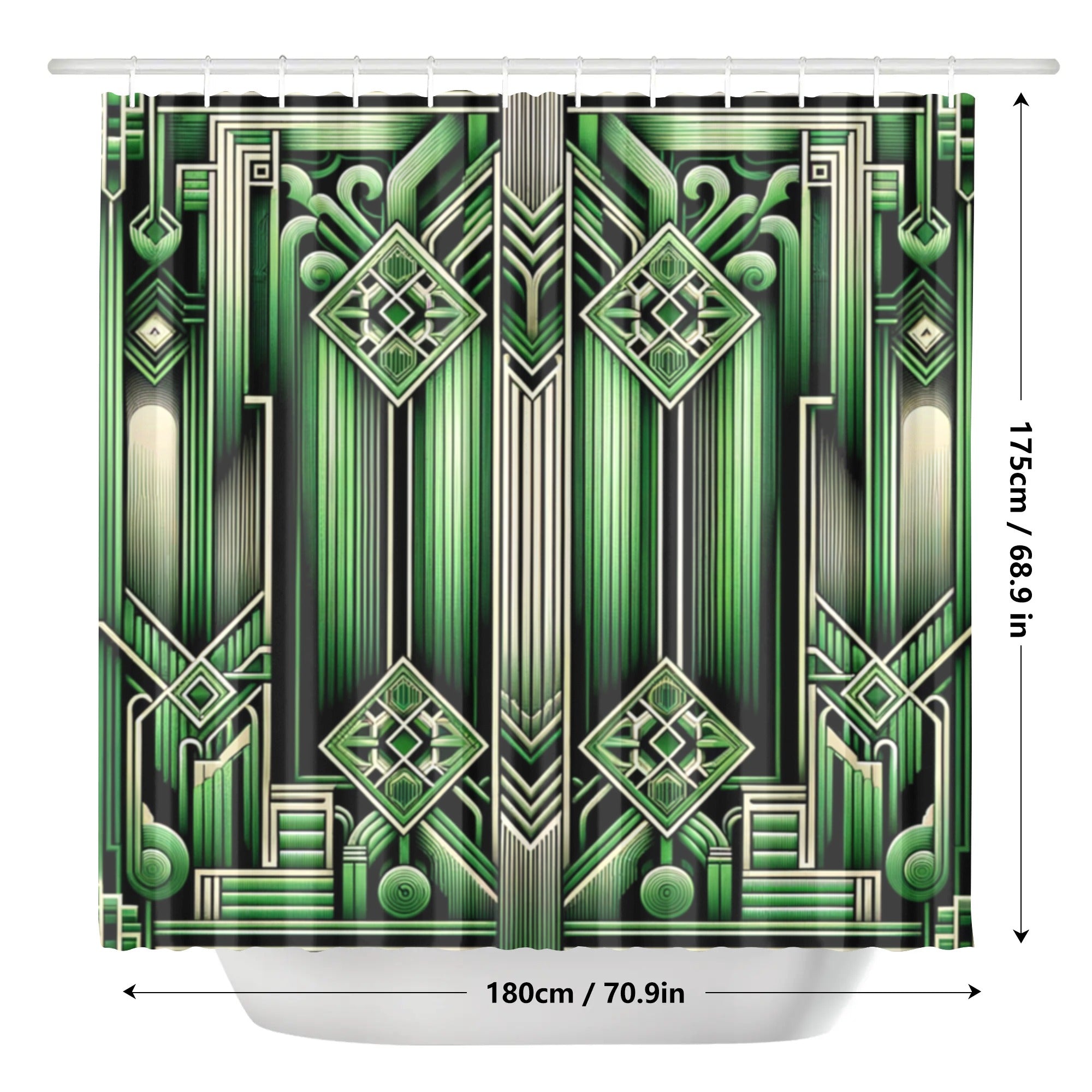 Decorative shower curtain with green geometric pattern and measurements on a white background