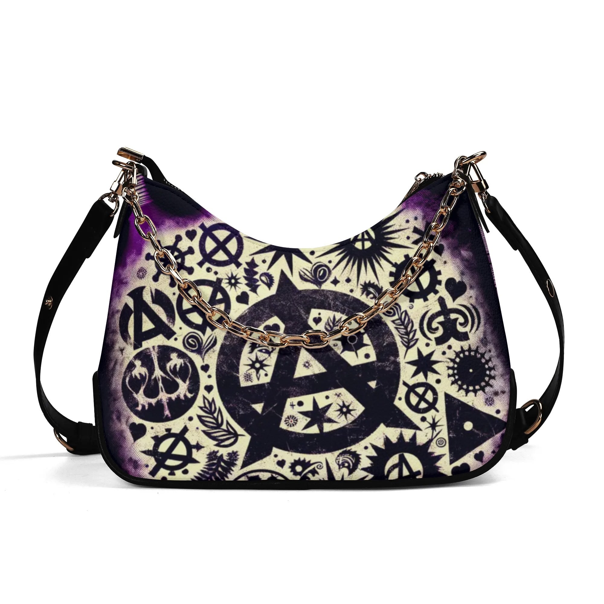Handbag with black and white symbol design on a white background