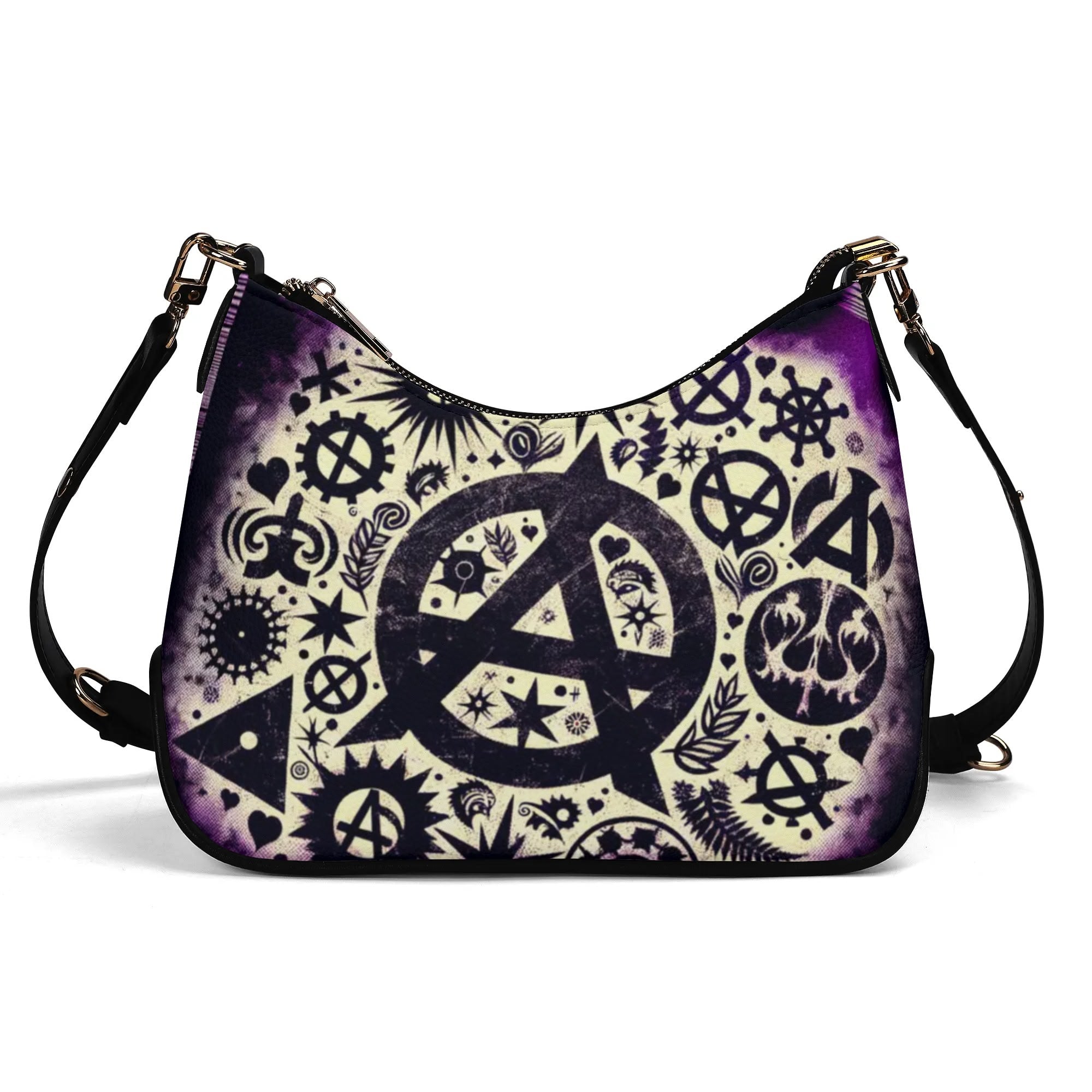Handbag with black and white symbol design on a white background