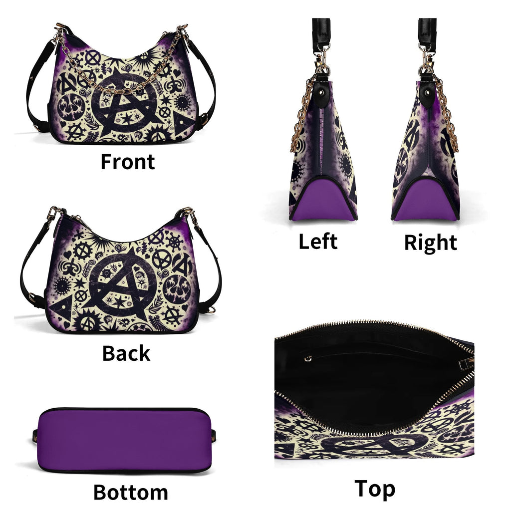 Multiview of a purple handbag with peace symbol design