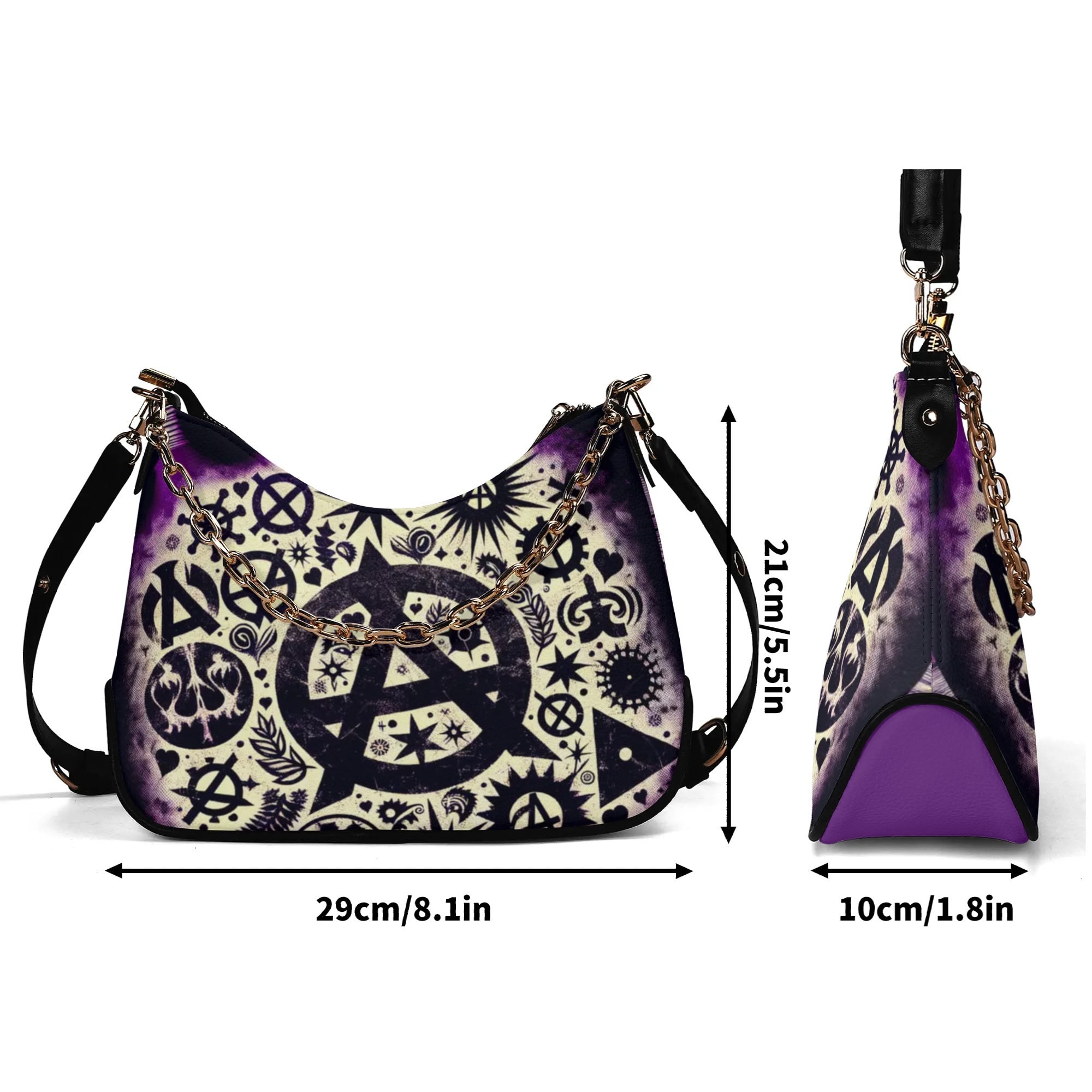 Purple and black handbag with chain detail and measurements on a white background