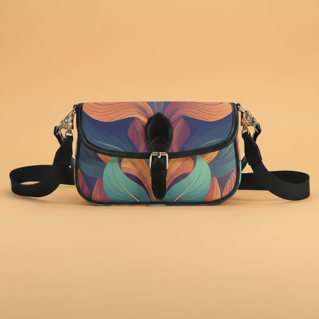 Colorful patterned handbag with a black strap on a gray background