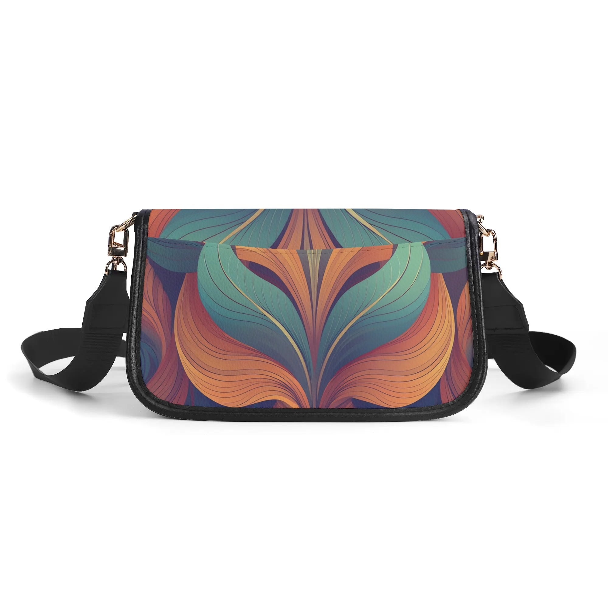 Colorful patterned handbag with a black strap on a white background