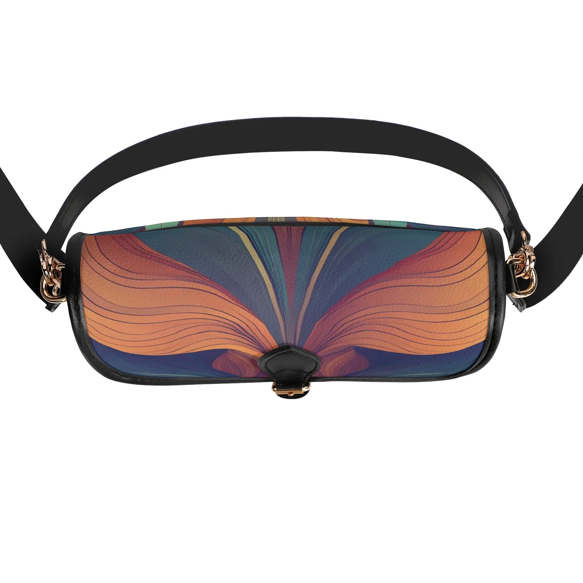 Colorful handbag with a black strap on a white background