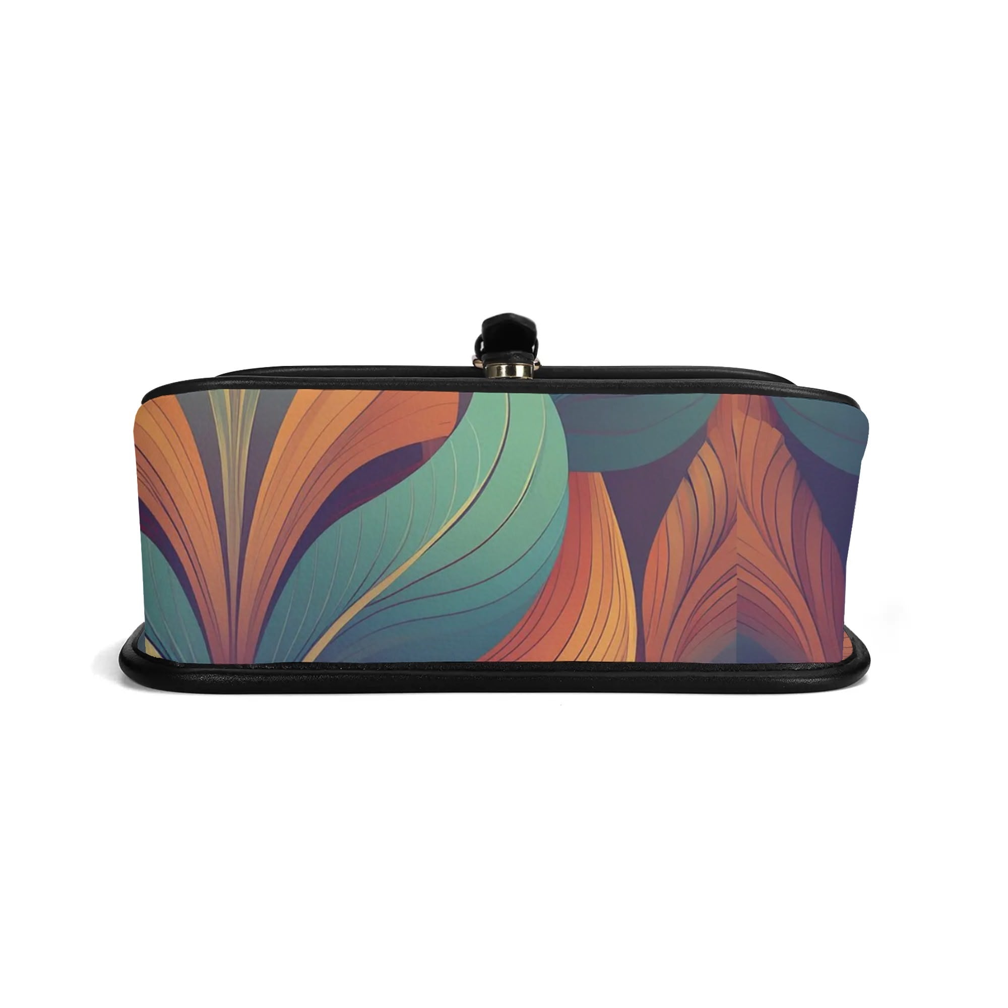 Colorful patterned pouch with a black border on a white background