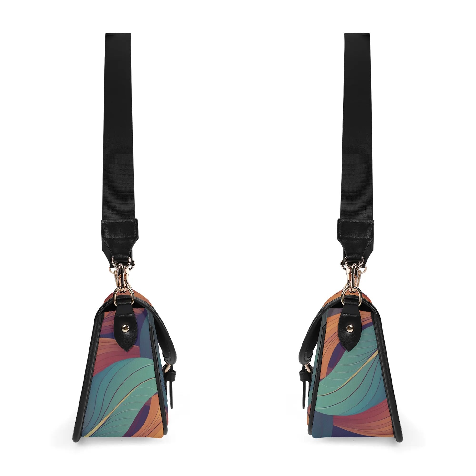 Pair of colorful handbags with black straps on a white background