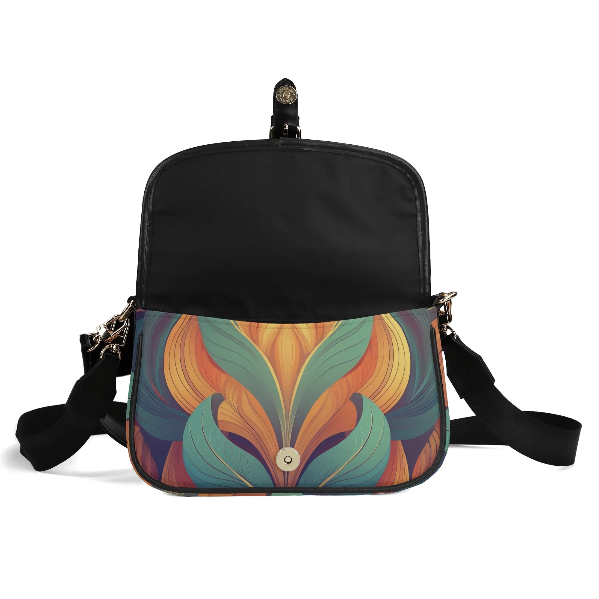Black backpack with a colorful abstract pattern on a white background