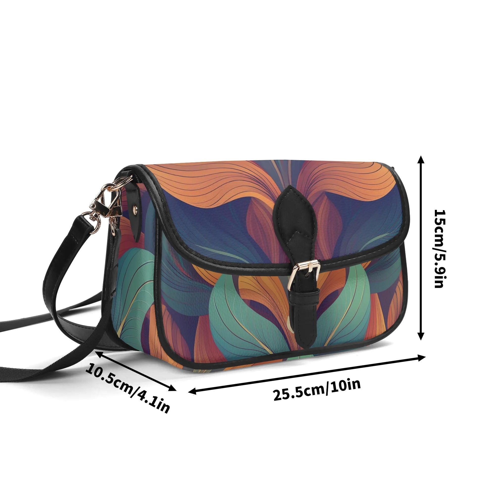 Colorful patterned handbag with measurements on a white background