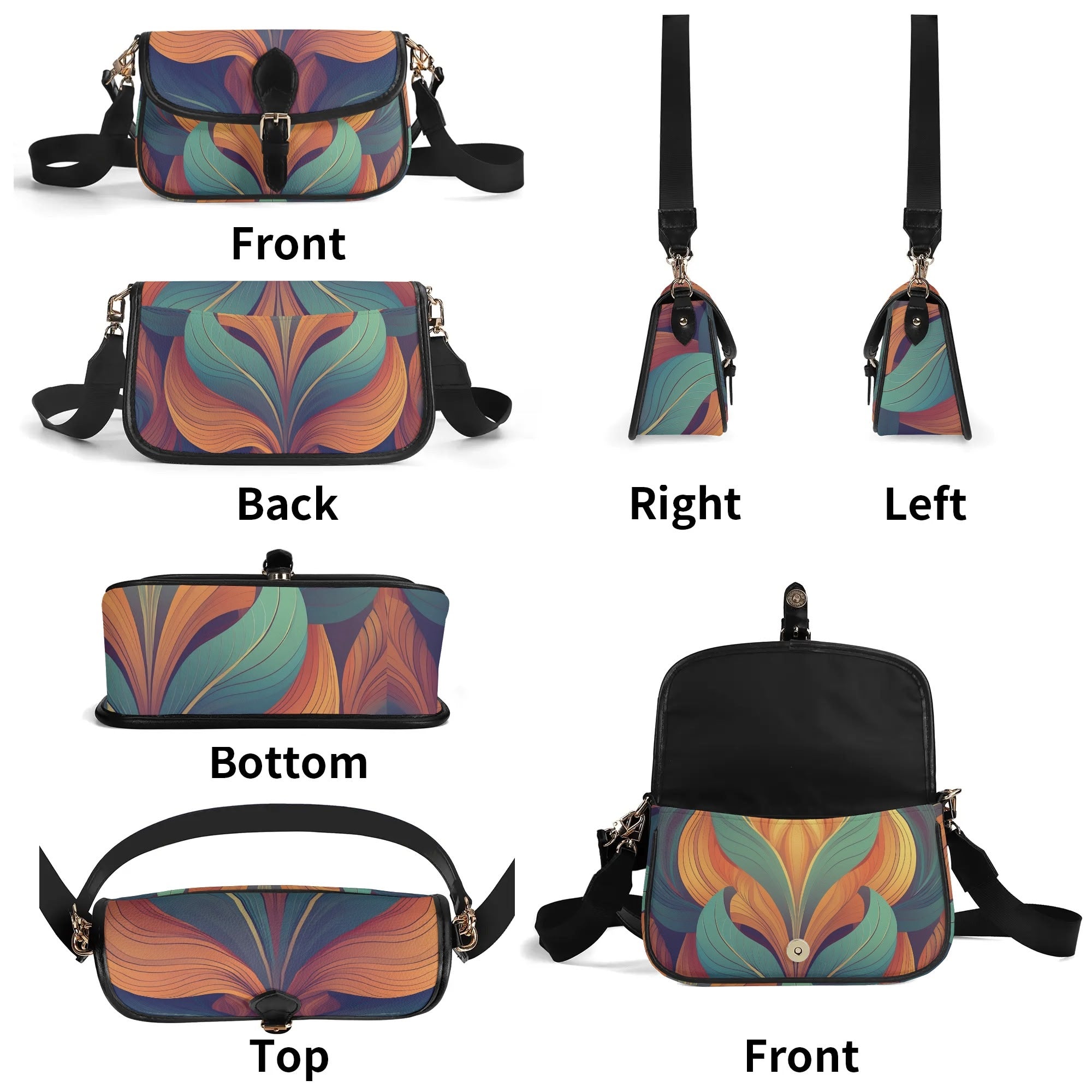 Multicolored patterned bag shown from multiple angles on a white background