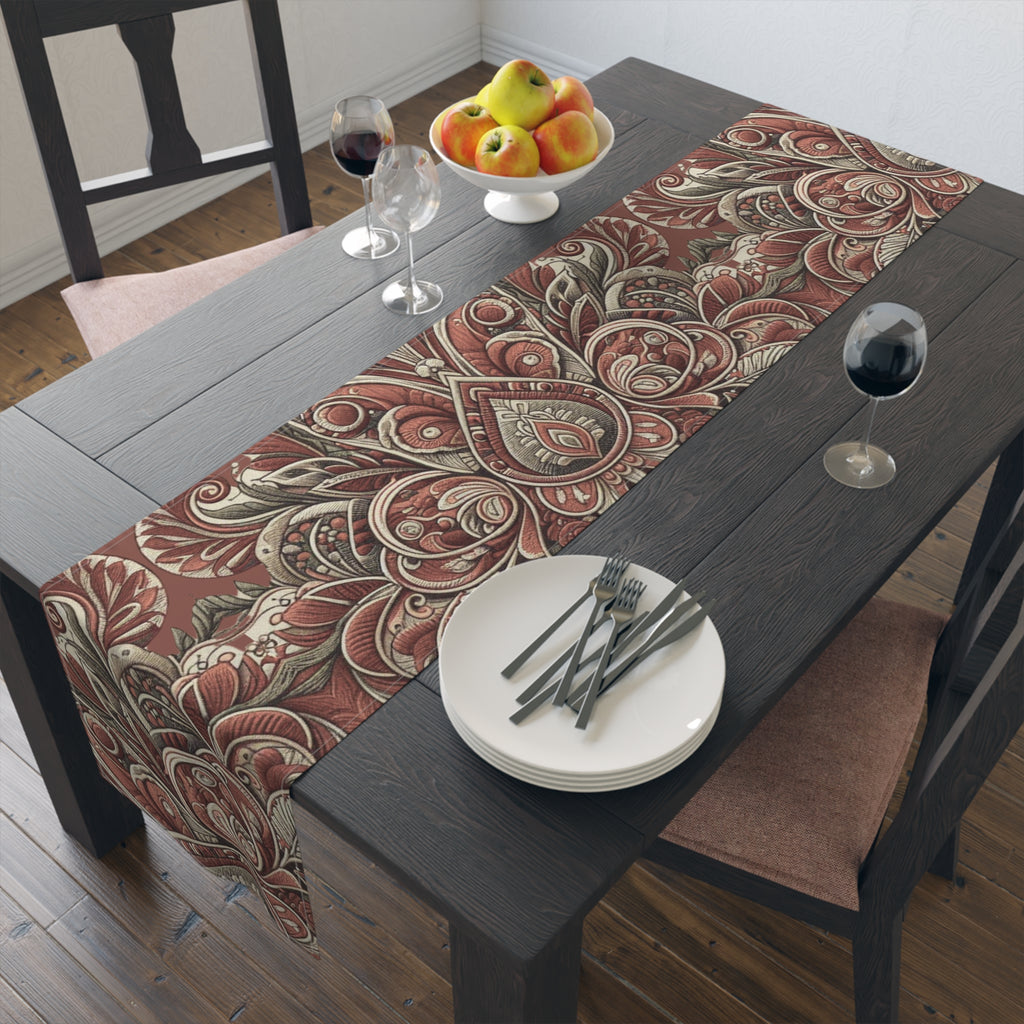 Dining table with a patterned table runner, plates, forks, and a fruit bowl.