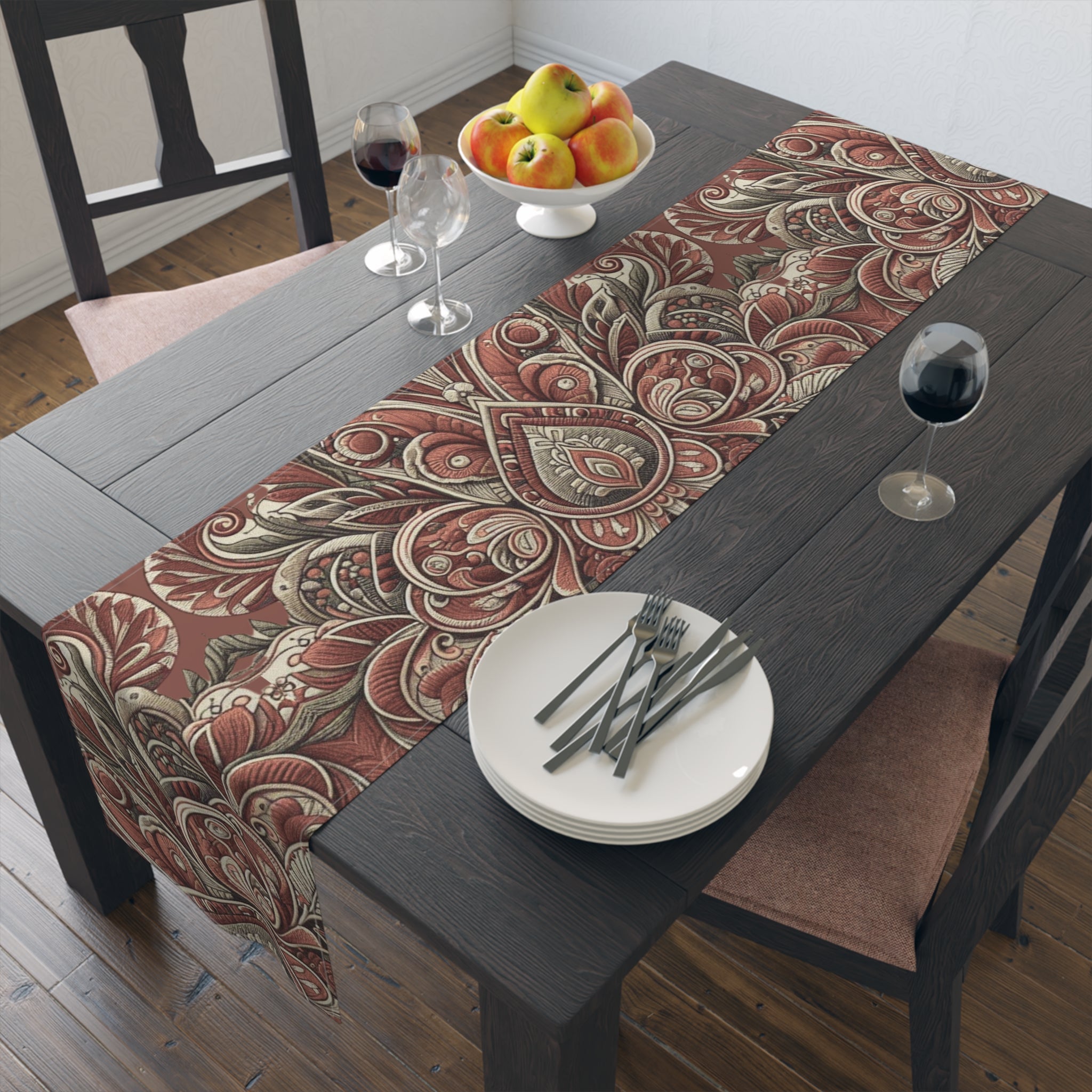Dining table with a patterned table runner, plates, forks, and a fruit bowl.