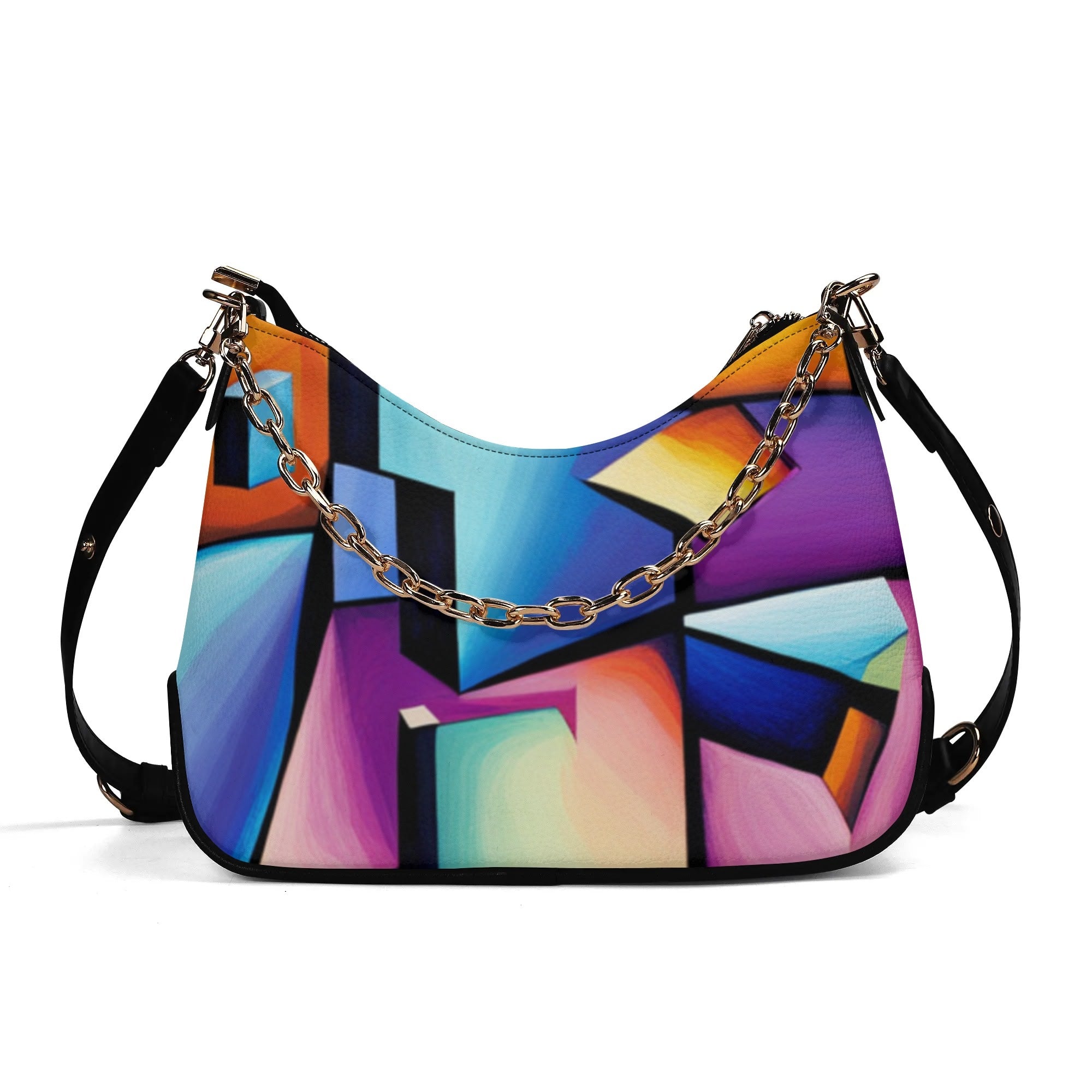 Stylish Abstract Geometric Crossbody Bag - Durable PU Leather with Gold Chain Decorations
