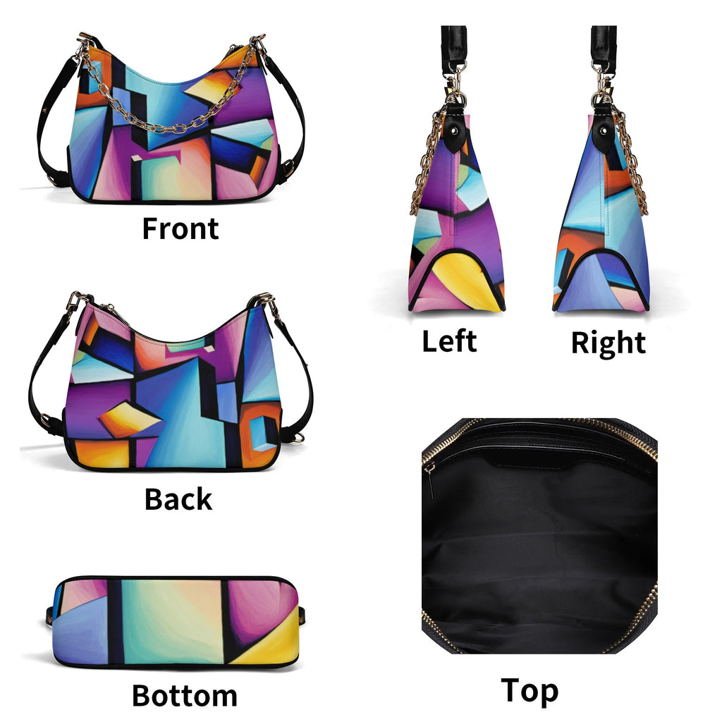 Colorful geometric-patterned handbag shown from multiple angles on a white background.