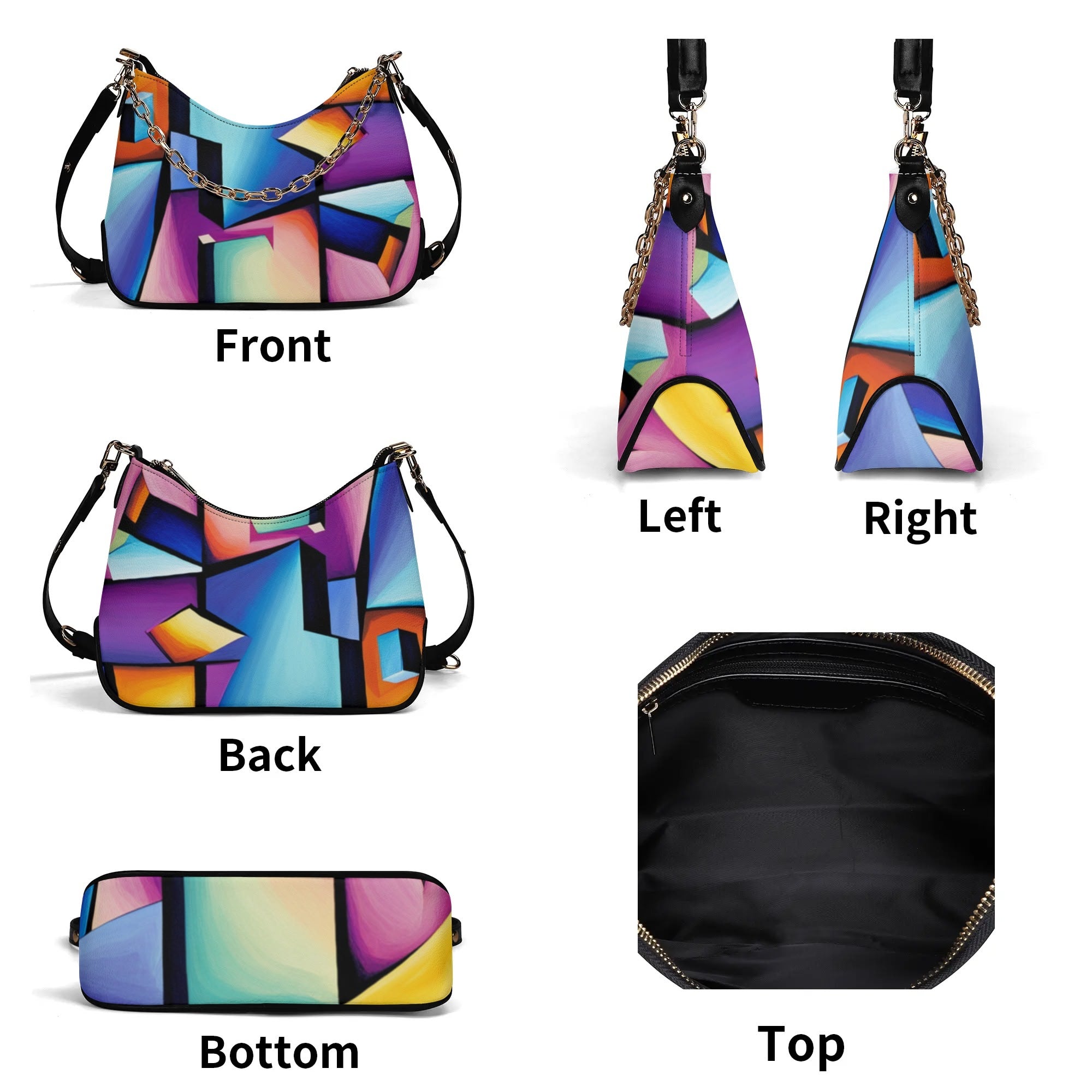 Colorful geometric-patterned handbag shown from multiple angles on a white background.