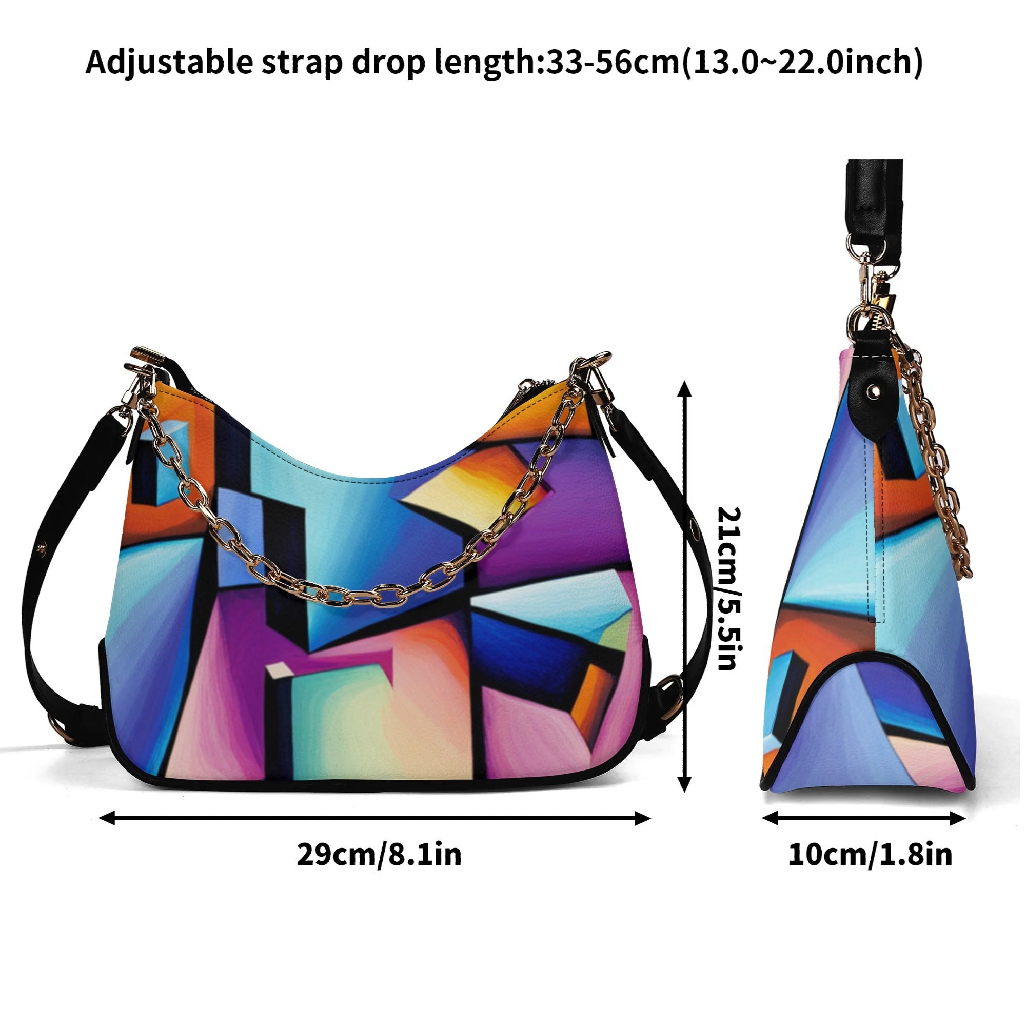 Colorful handbag with adjustable strap and measurements on a white background
