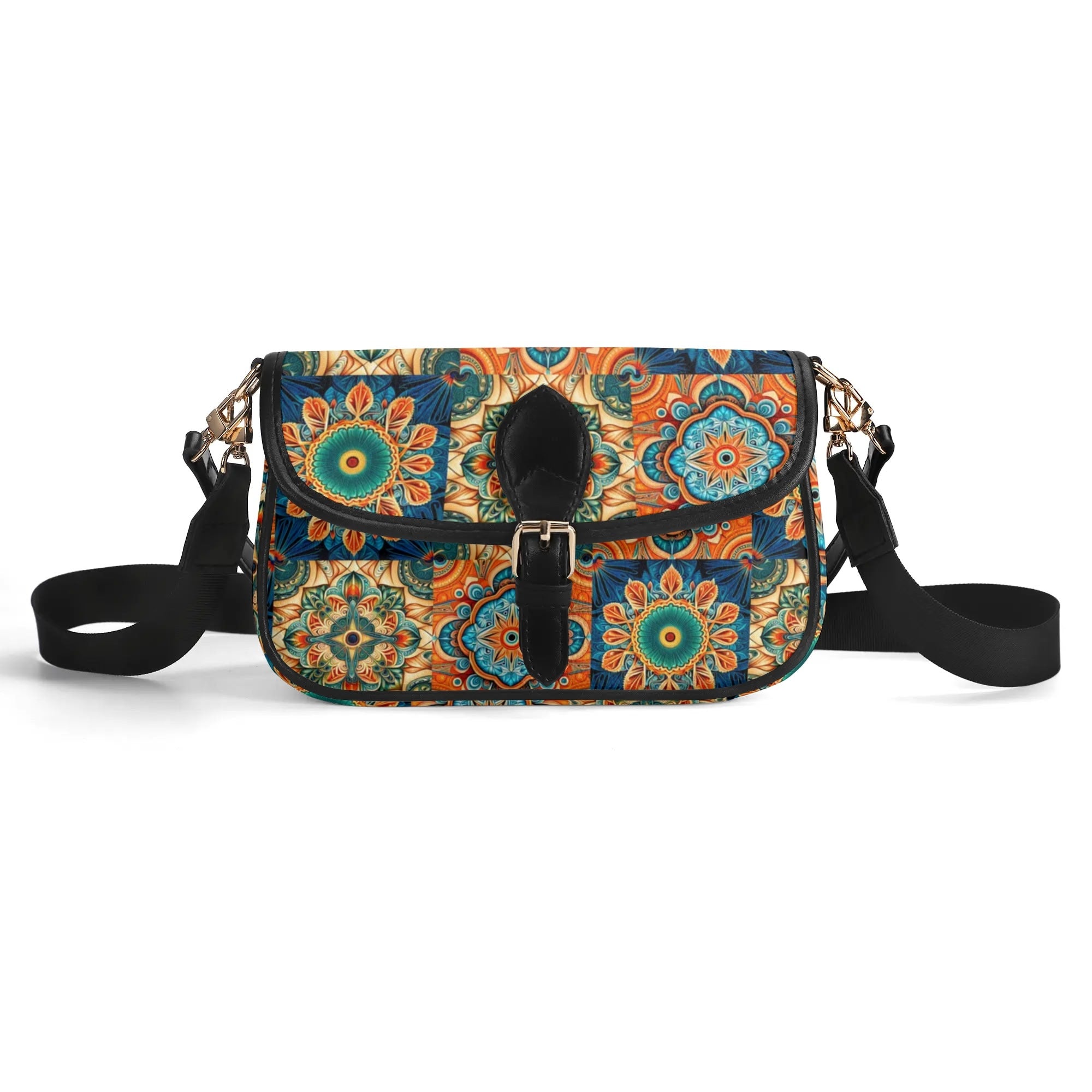 Colorful patterned handbag with a black strap on a white background