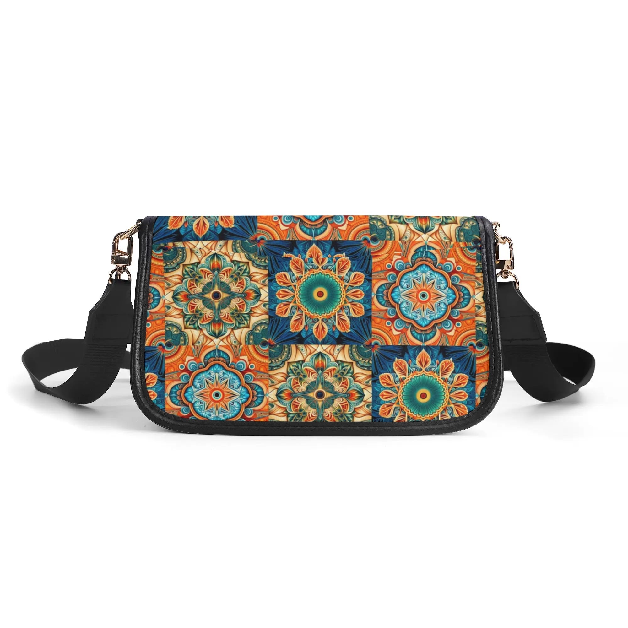 Colorful patterned handbag with a black strap on a white background