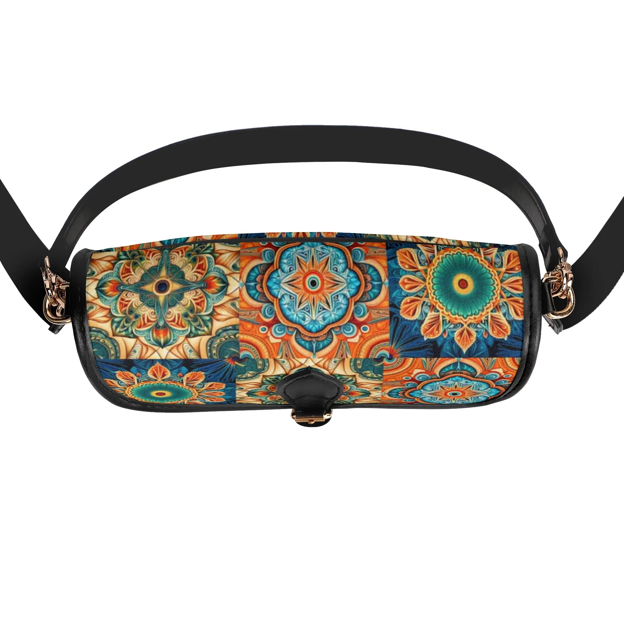 Colorful patterned handbag with a black strap on a white background