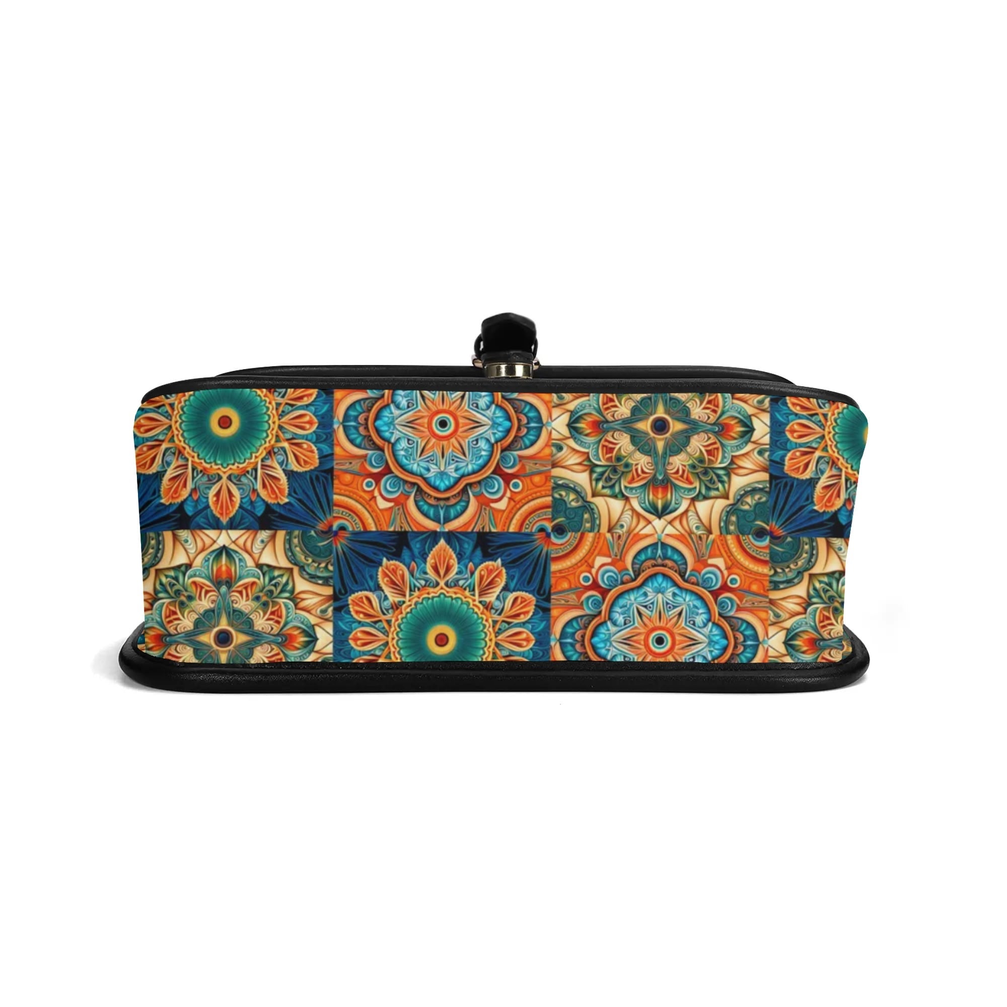 Colorful patterned pouch with a black border on a white background