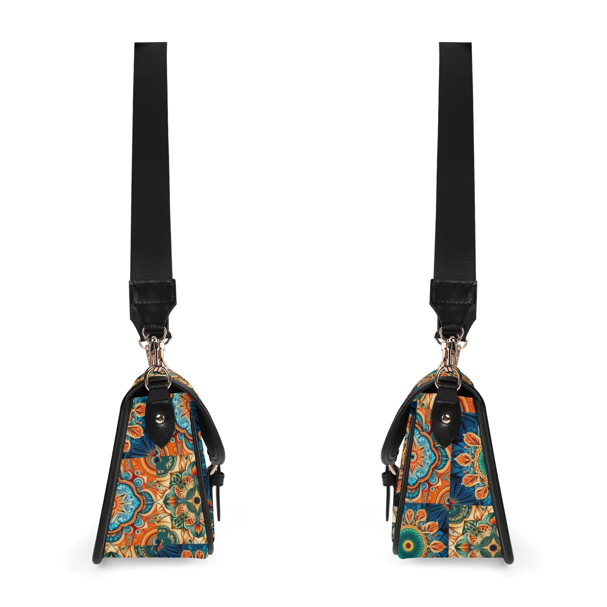 Two patterned bags with black straps on a white background