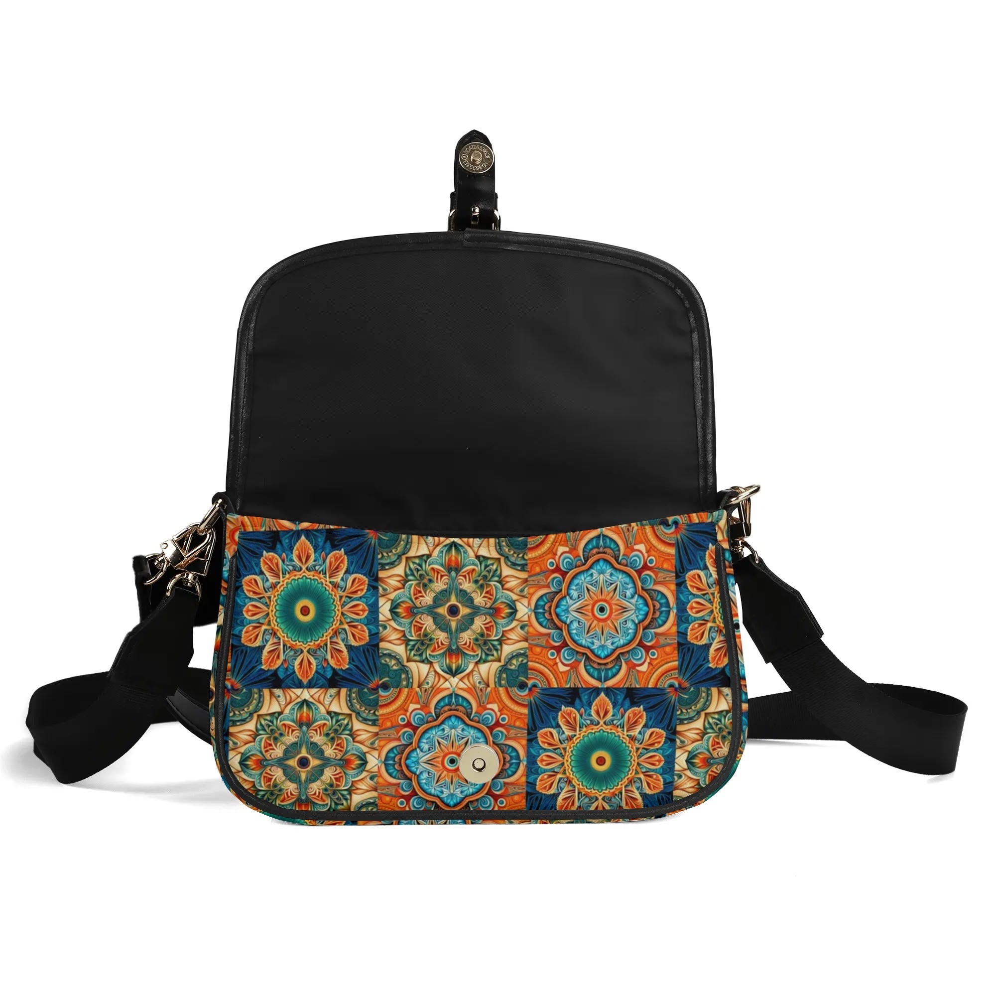 Black backpack with a colorful patterned flap on a white background