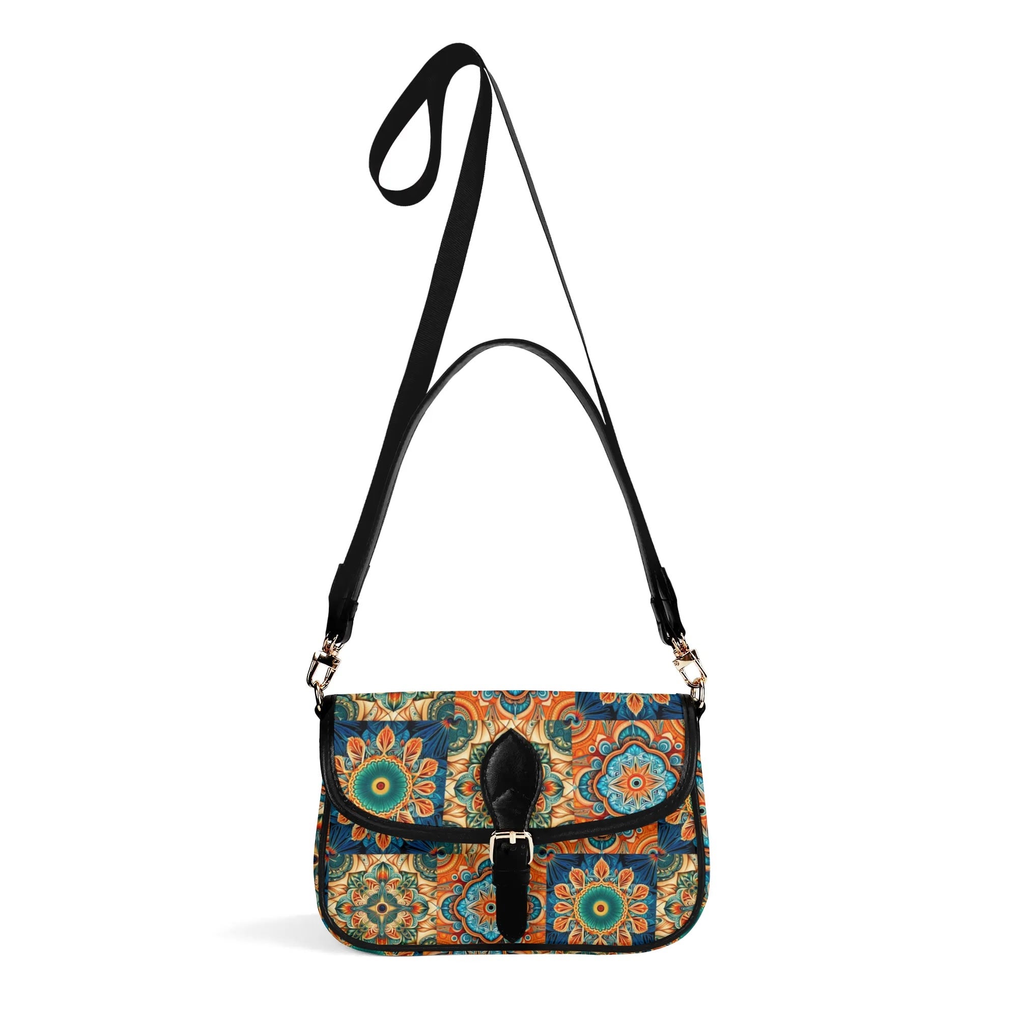 Floral patterned handbag with a strap on a white background