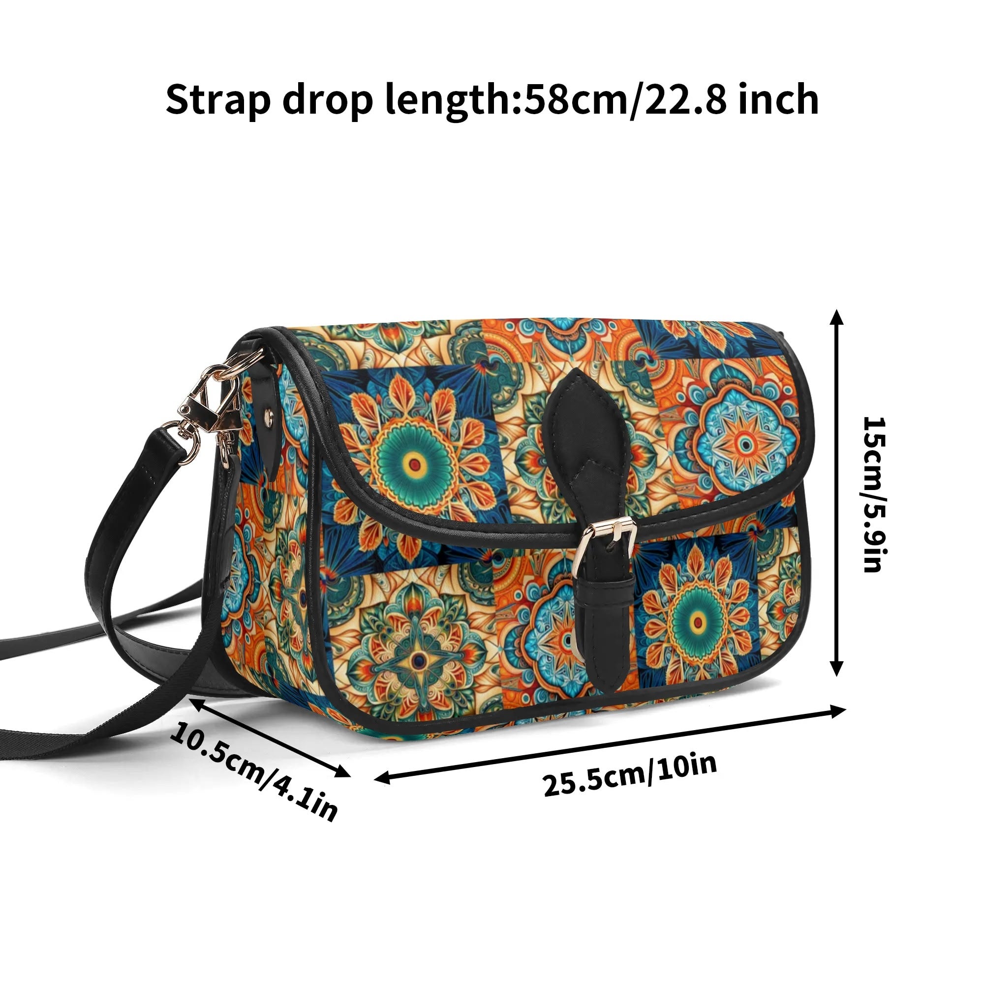Multicolored patterned bag with measurements on a white background