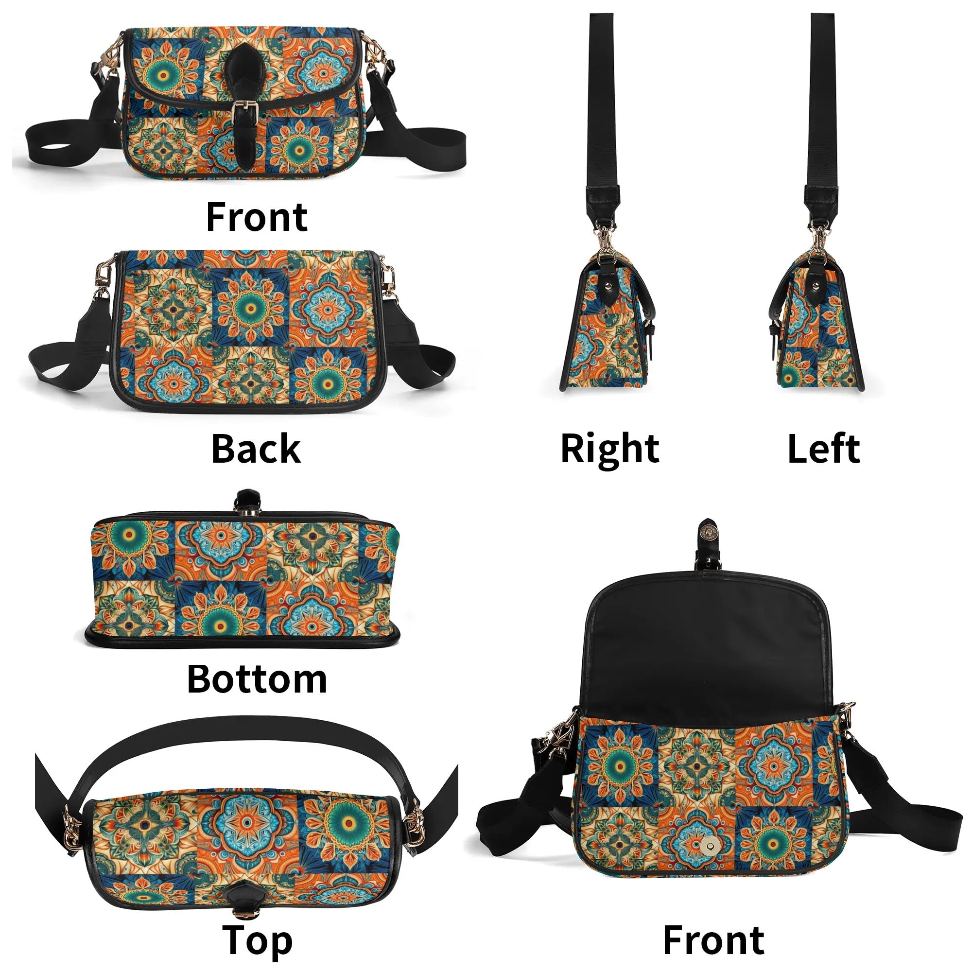 Multifunctional bag with floral pattern shown from multiple angles on a white background.