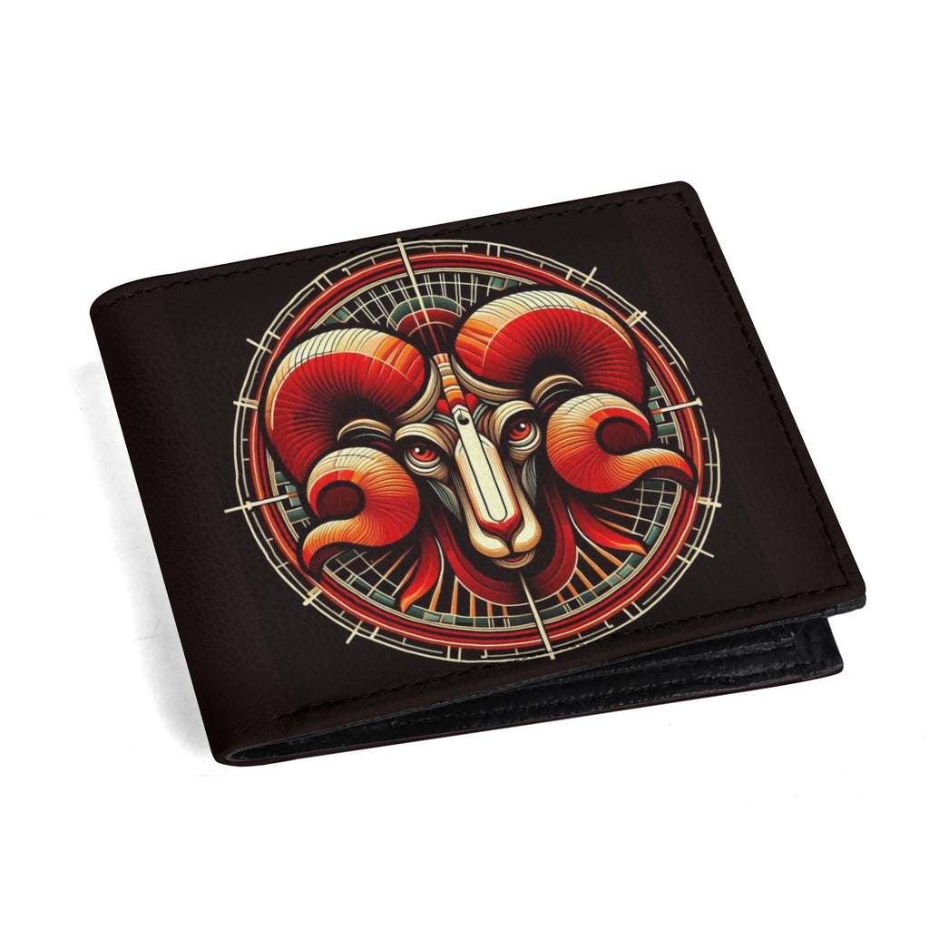 Black wallet with a colorful ram design on a white background