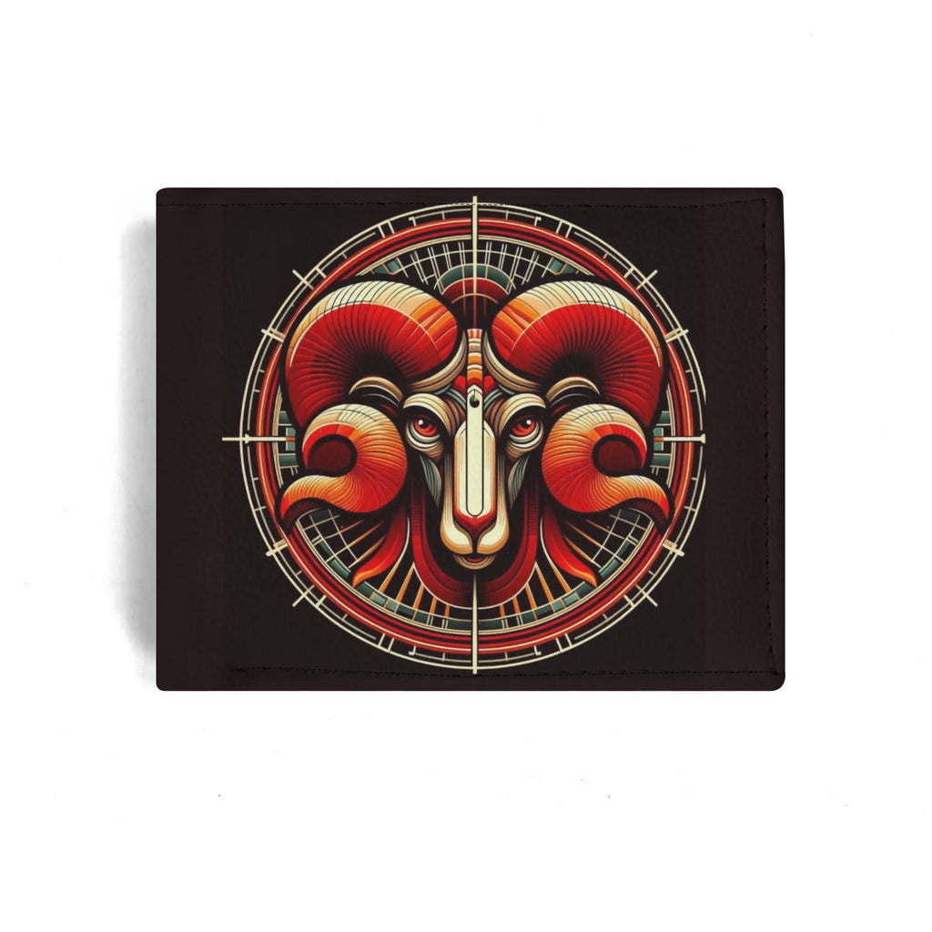 Black wallet with a colorful ram design on a white background
