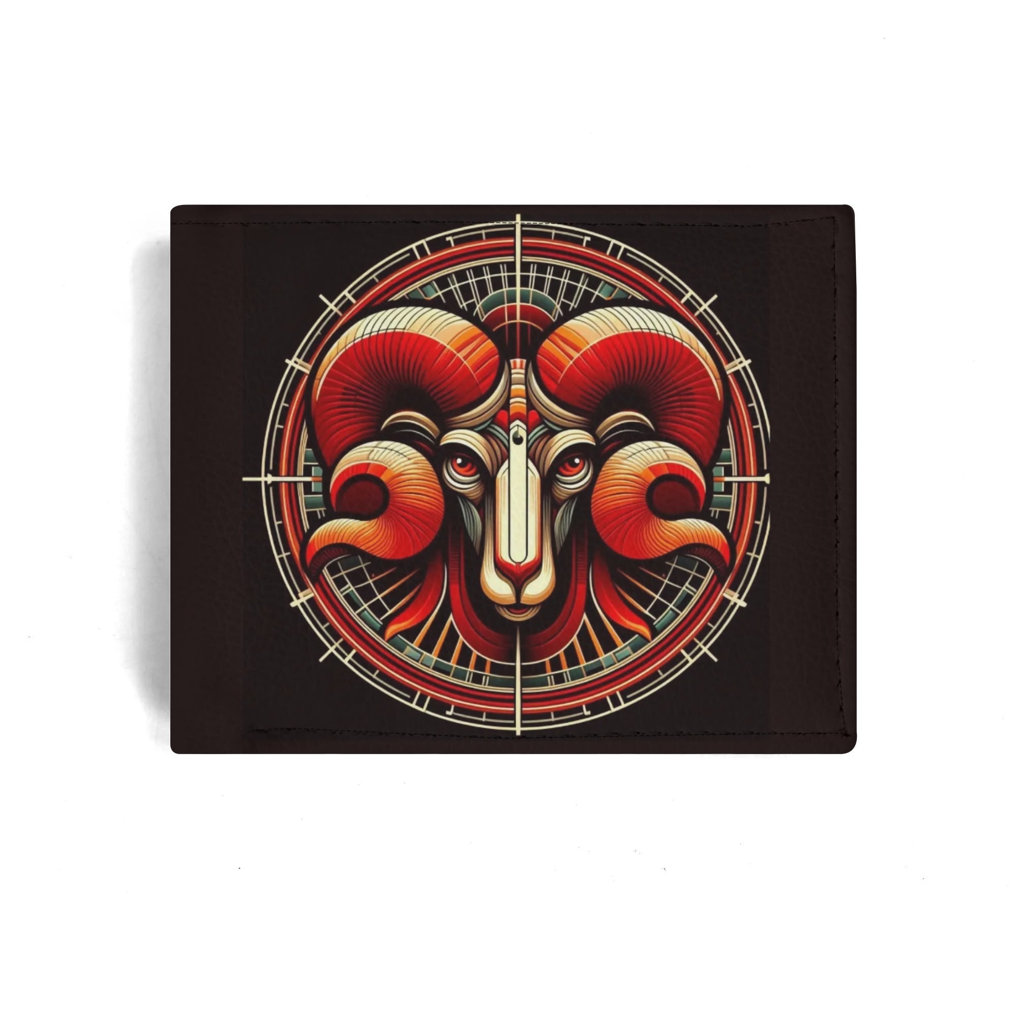 Black wallet with a colorful ram design on a white background