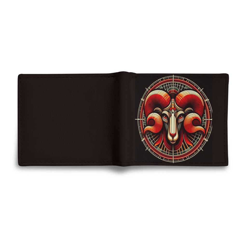Black wallet with a red and gold ram design on a white background