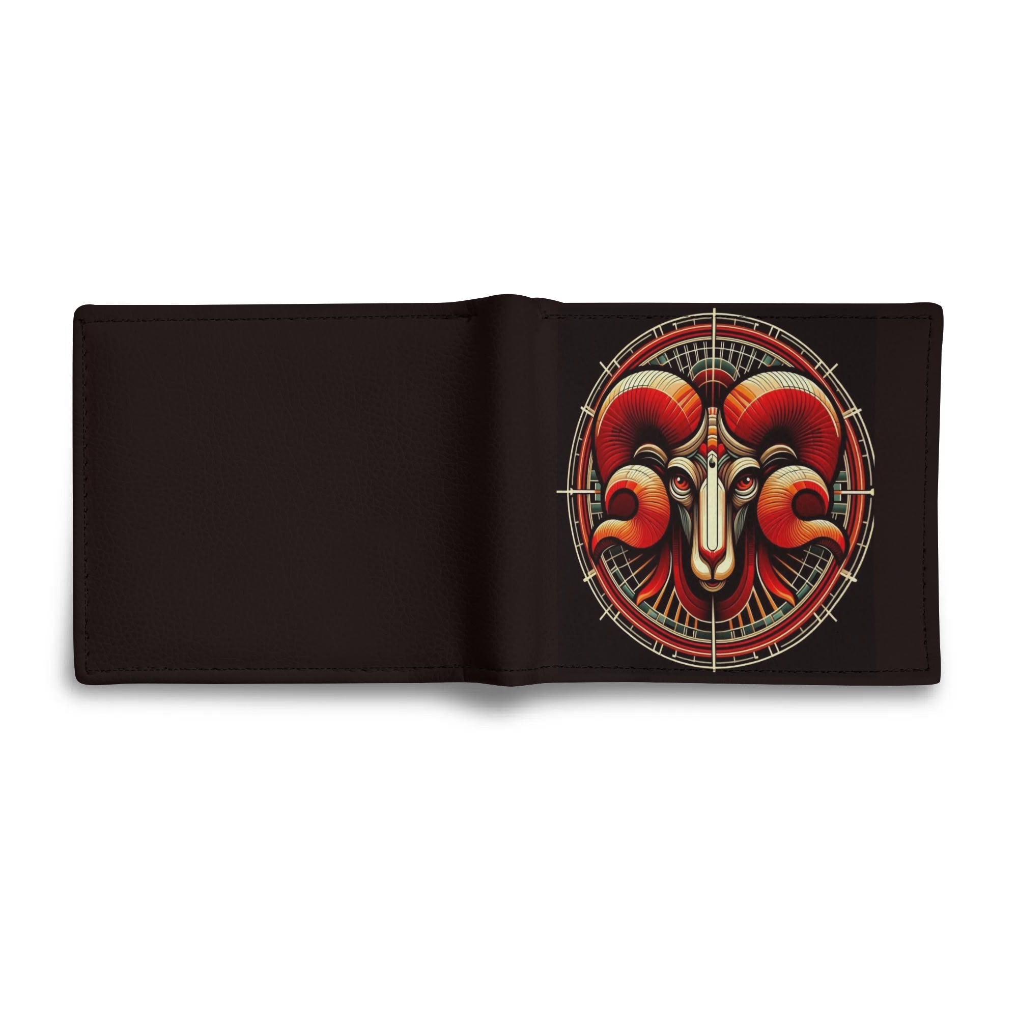 Black wallet with a red and gold ram design on a white background