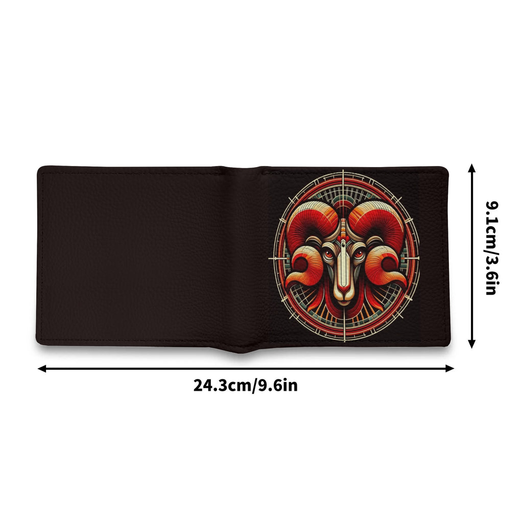 Black wallet with a red and gold ram design, shown with dimensions on a white background.