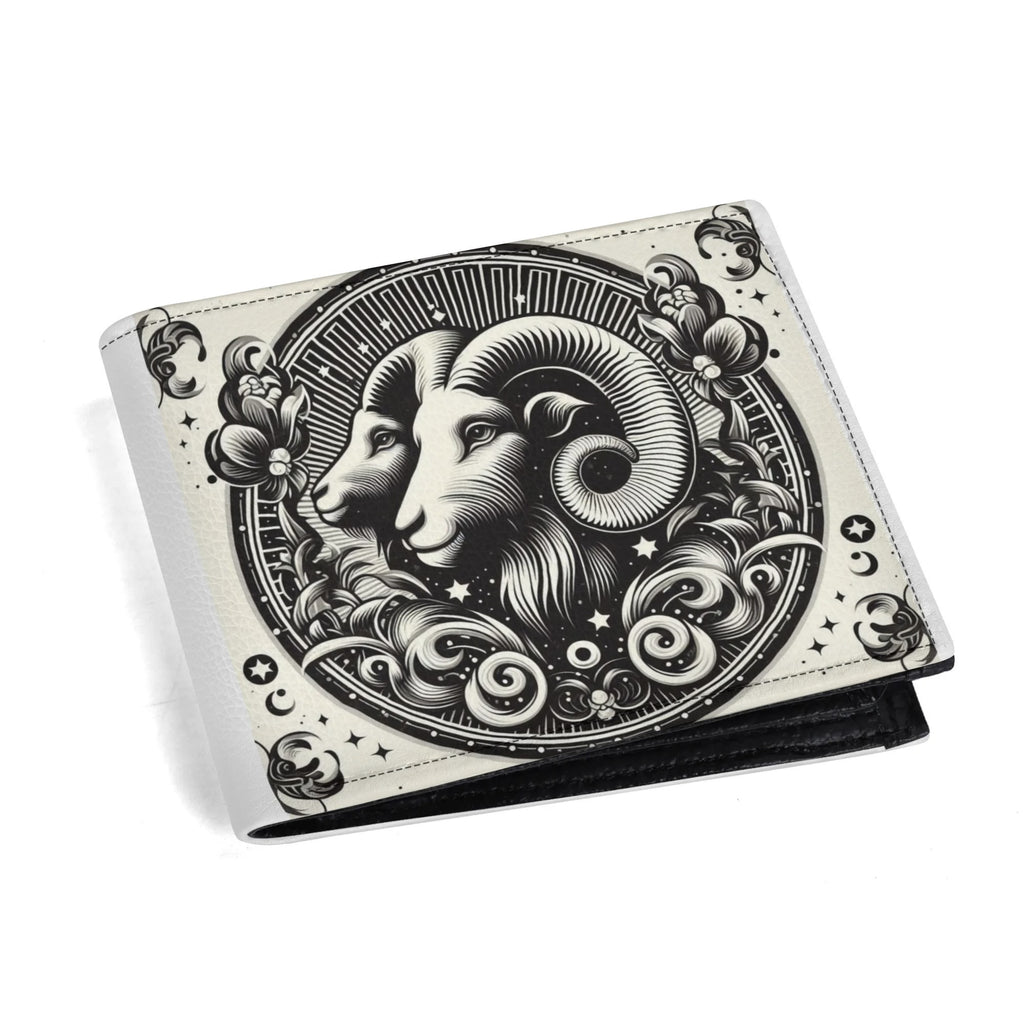 Wallet with black and white ram design on a beige background