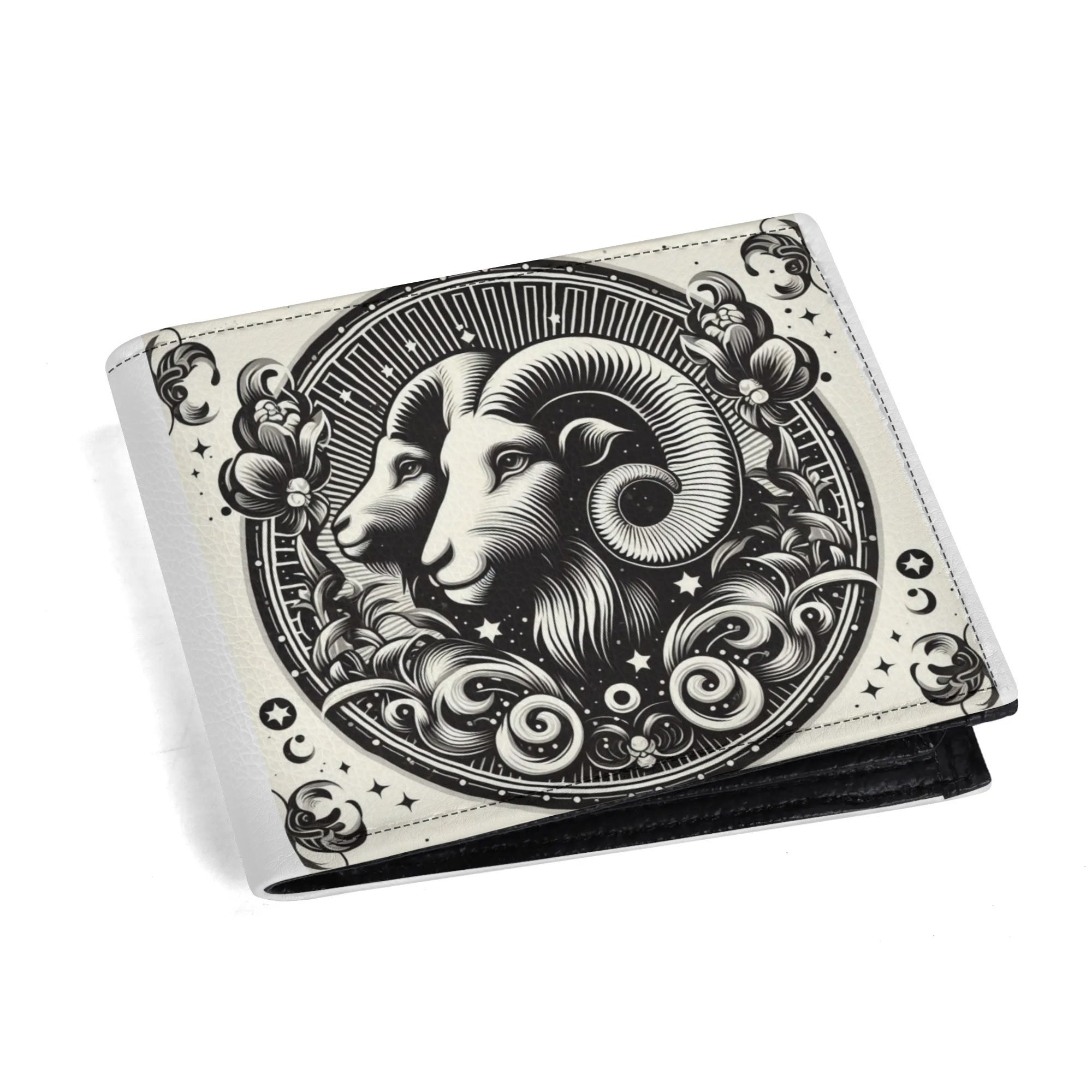 Wallet with black and white ram design on a beige background