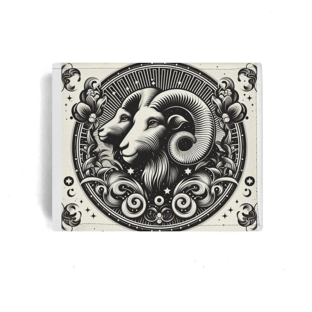 Decorative card with black and white ram design on a beige background