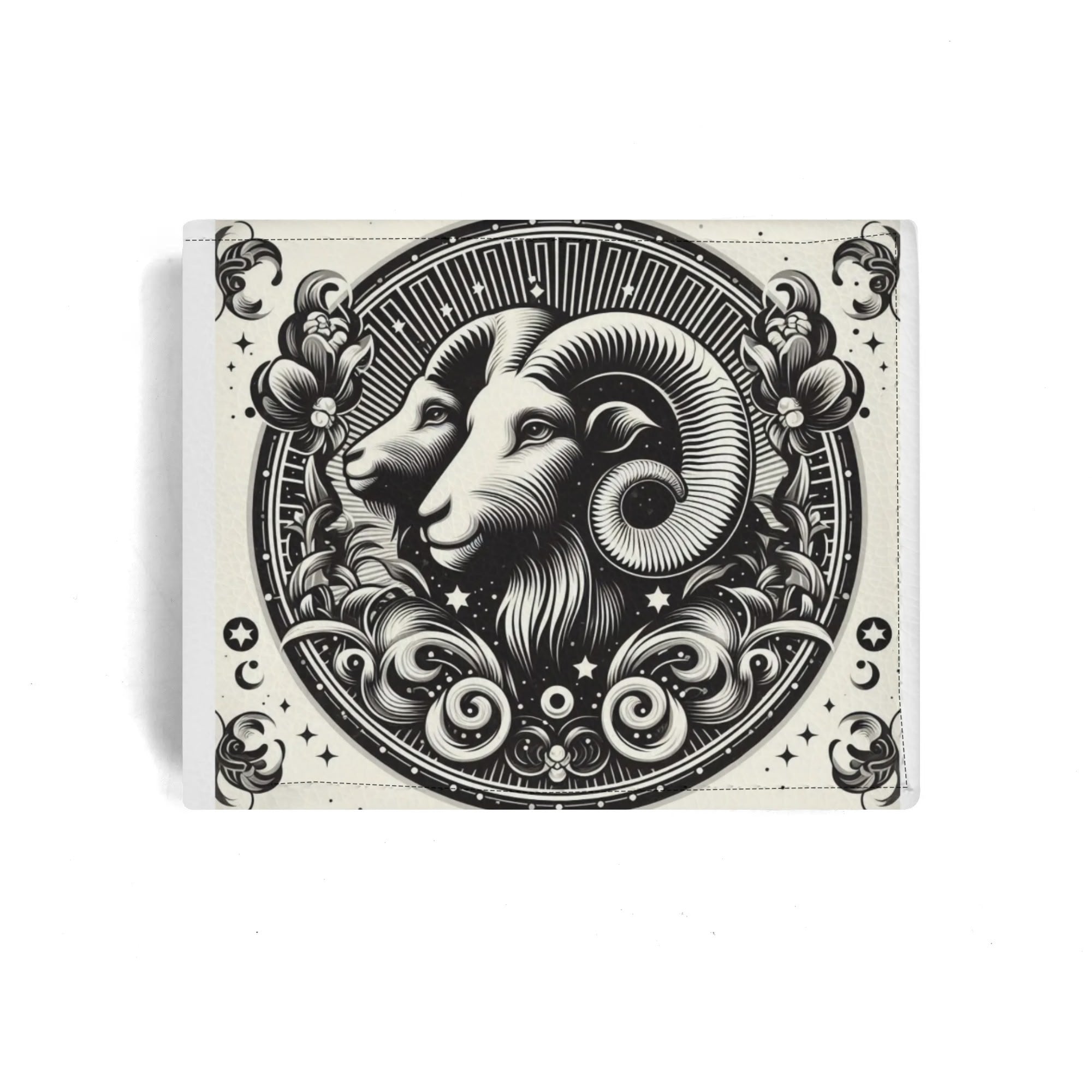 Decorative card with black and white ram design on a beige background